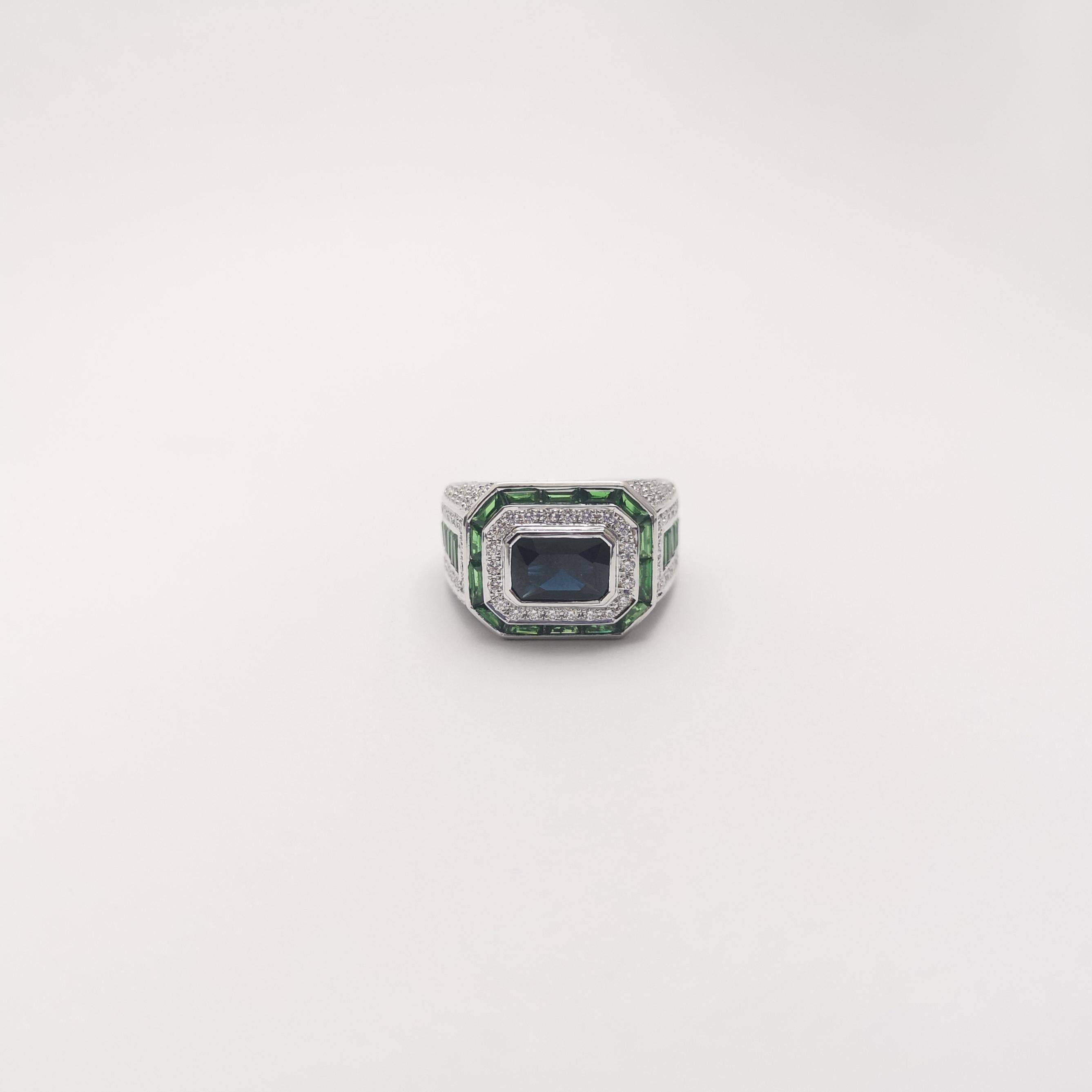 Blue Sapphire, Tsavorite and Diamond Ring set in 18K White Gold Settings For Sale 2
