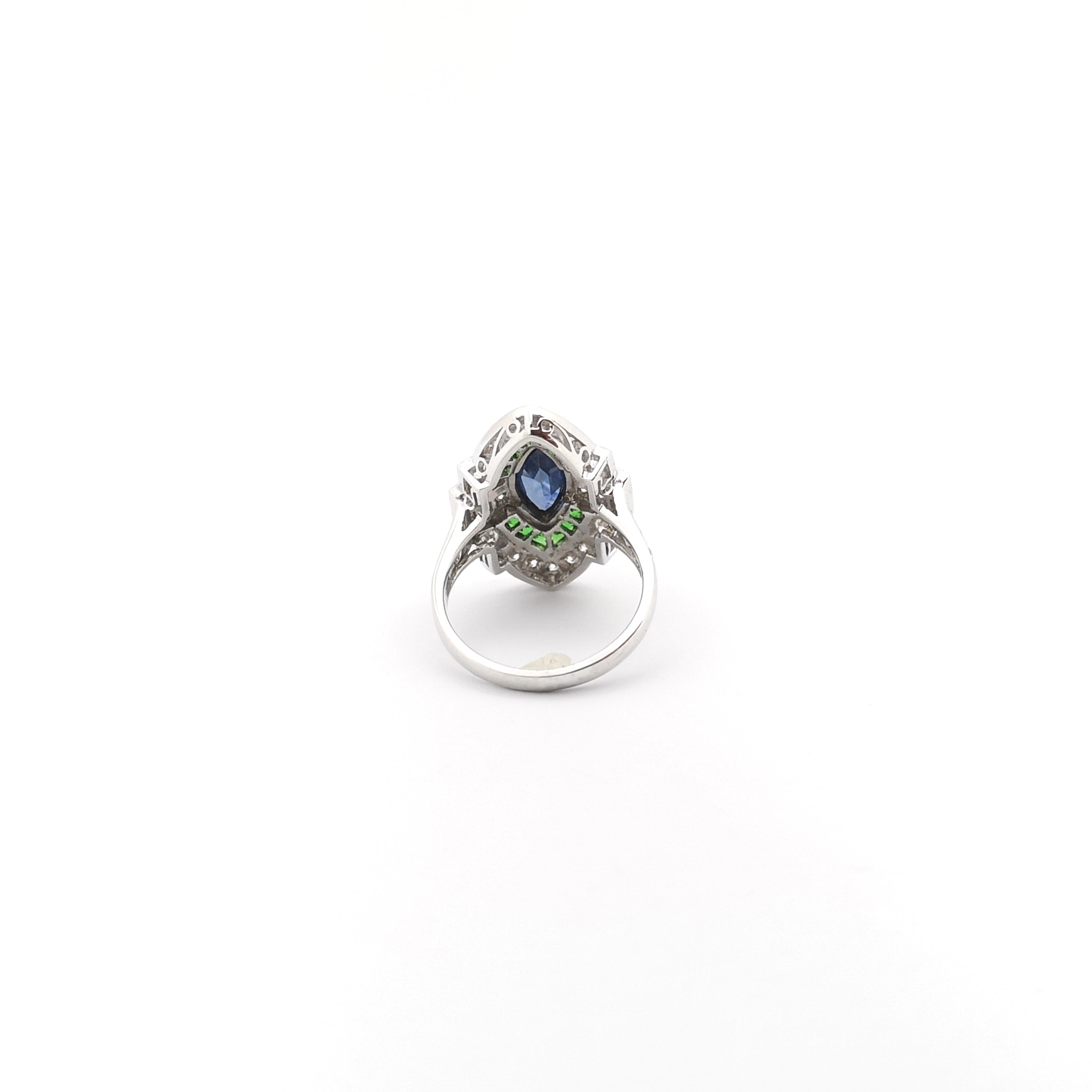 Women's Blue Sapphire, Tsavorite and Diamond Ring set in 18K White Gold Settings For Sale