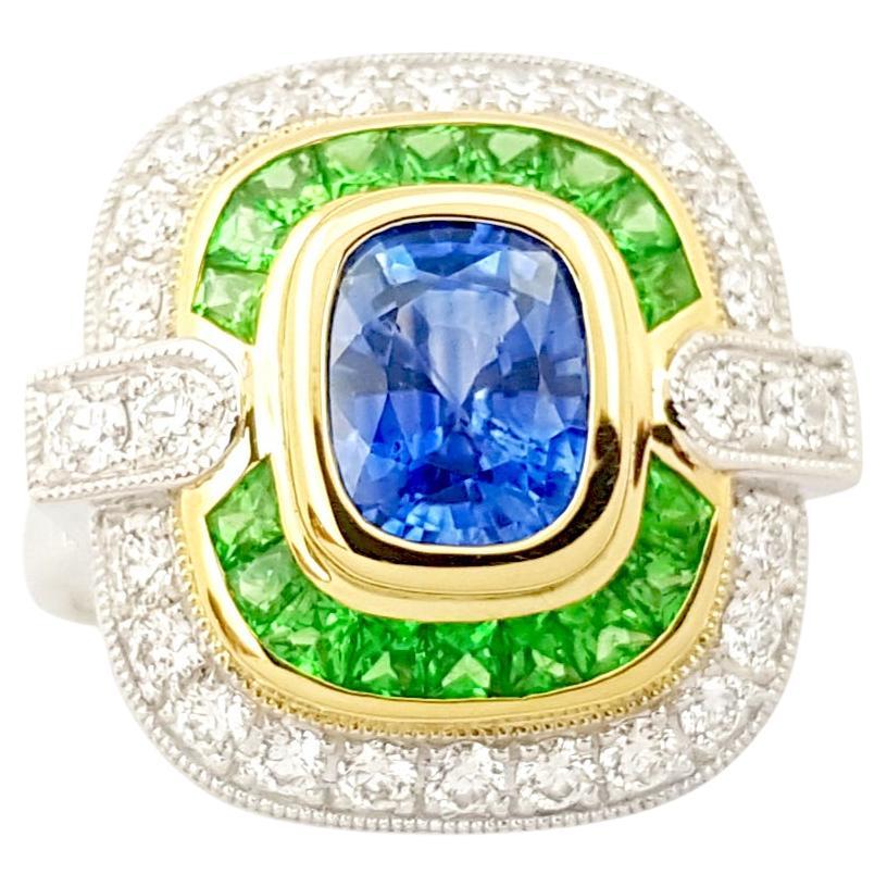 Blue Sapphire, Tsavorite and Diamond Ring set in 18K White Gold Settings For Sale