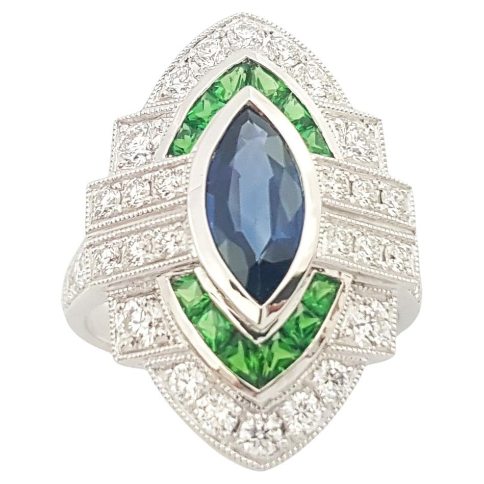 Blue Sapphire, Tsavorite and Diamond Ring set in 18K White Gold Settings For Sale
