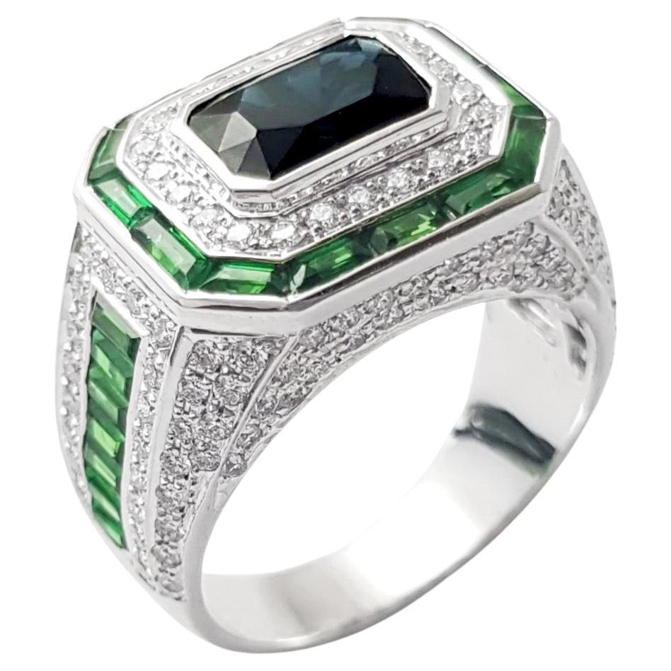 Blue Sapphire, Tsavorite and Diamond Ring set in 18K White Gold Settings