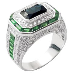 Blue Sapphire, Tsavorite and Diamond Ring set in 18K White Gold Settings