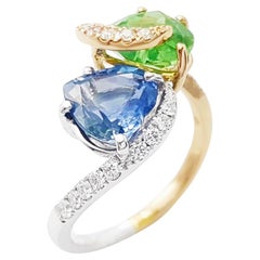 Ring mit blauem Saphir, Tsavorit und Diamant in 18K Weiß-/Gelbgoldfassung