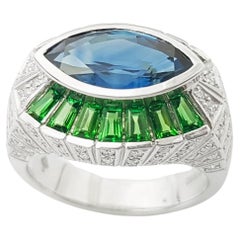 Blue Sapphire, Tsavorite and Diamond Ring set in Platinum 950 Settings