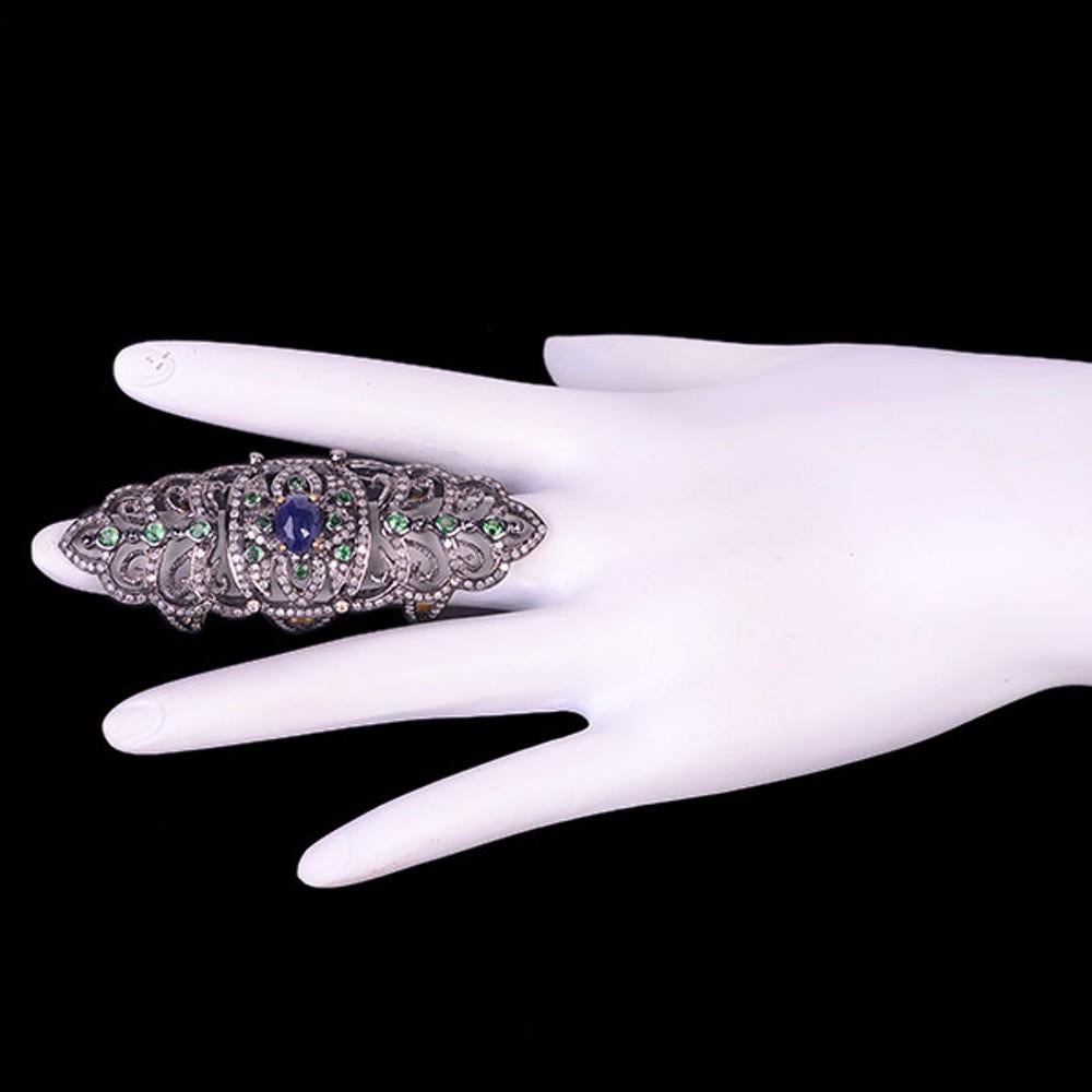 Blauer Saphir & Tsavorit Kronenförmiger Ring mit langen Diamanten in Pavé-Fassung (Gemischter Schliff) im Angebot