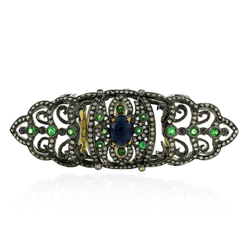 Blue Sapphire & Tsavorite Crown Shaped Resembling Long Ring with Pave Diamonds In New Condition For Sale In New York, NY