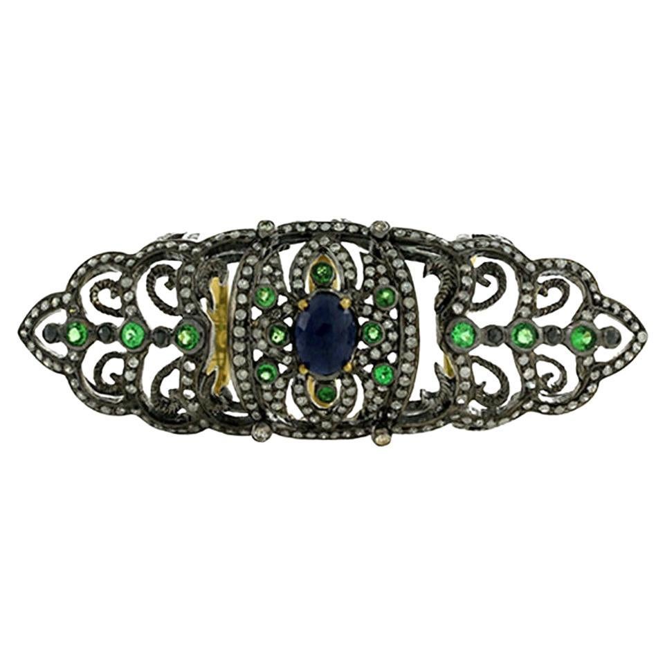 Blue Sapphire & Tsavorite Crown Shaped Resembling Long Ring with Pave Diamonds For Sale