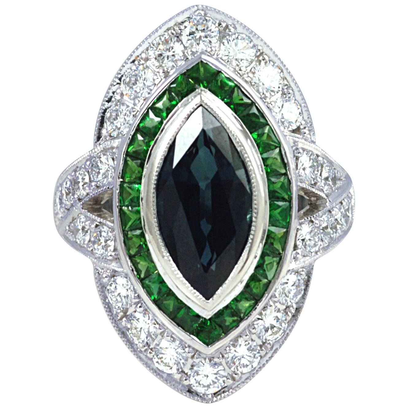 Marquise Blue Sapphire, Tsavorite, Diamond 1.24 Carat Ring in 18K Gold Settings