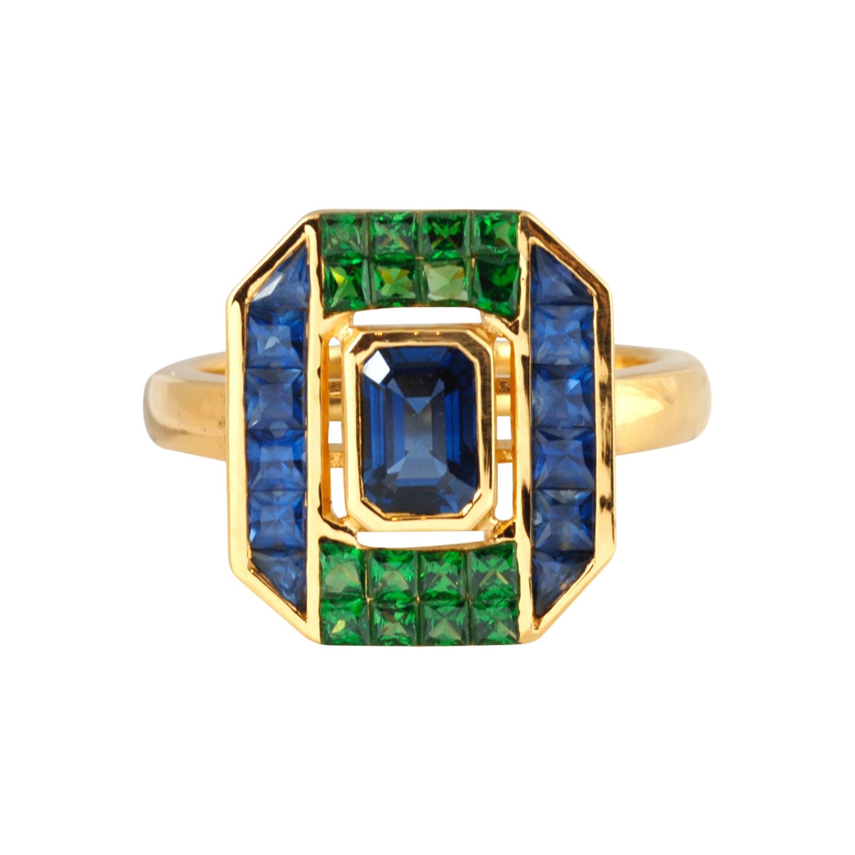 Blue Sapphire & Tsavorite Garnet Ring 18k Gold by Kavant & Sharart For Sale