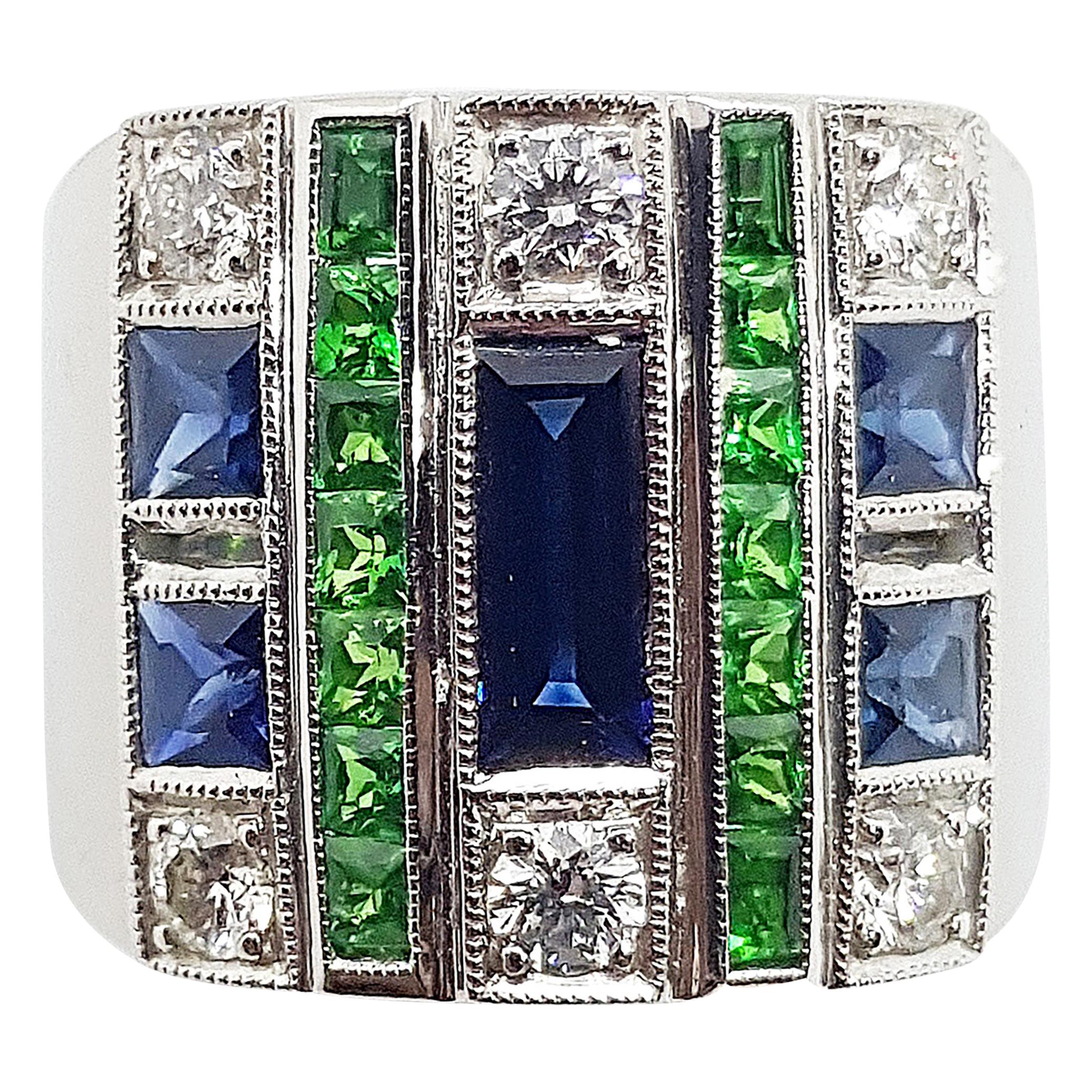 Blue Sapphire, Tsavorite with Diamond Ring Set in 18 Karat White Gold Settings