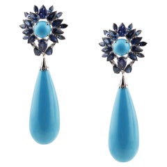 Blue Sapphire, Turquoise Drops And Diamond Earring In 18K White Gold