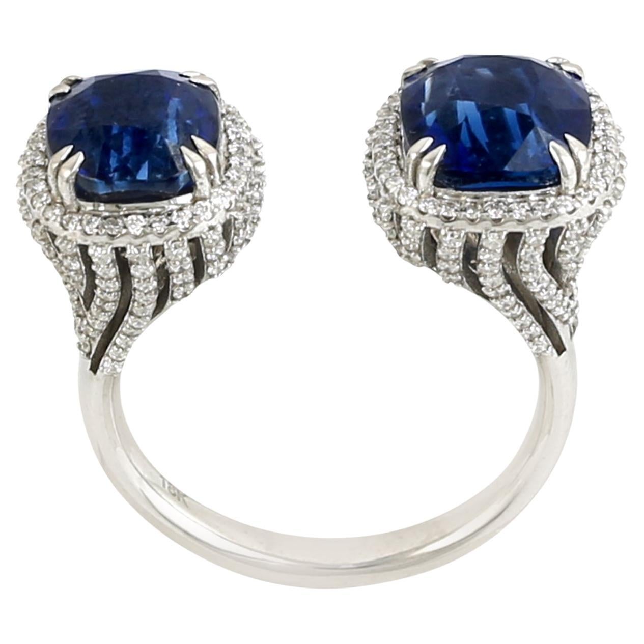 Blue Sapphire Twin Ring With Diamonds Made In 18k White Gold For Sale