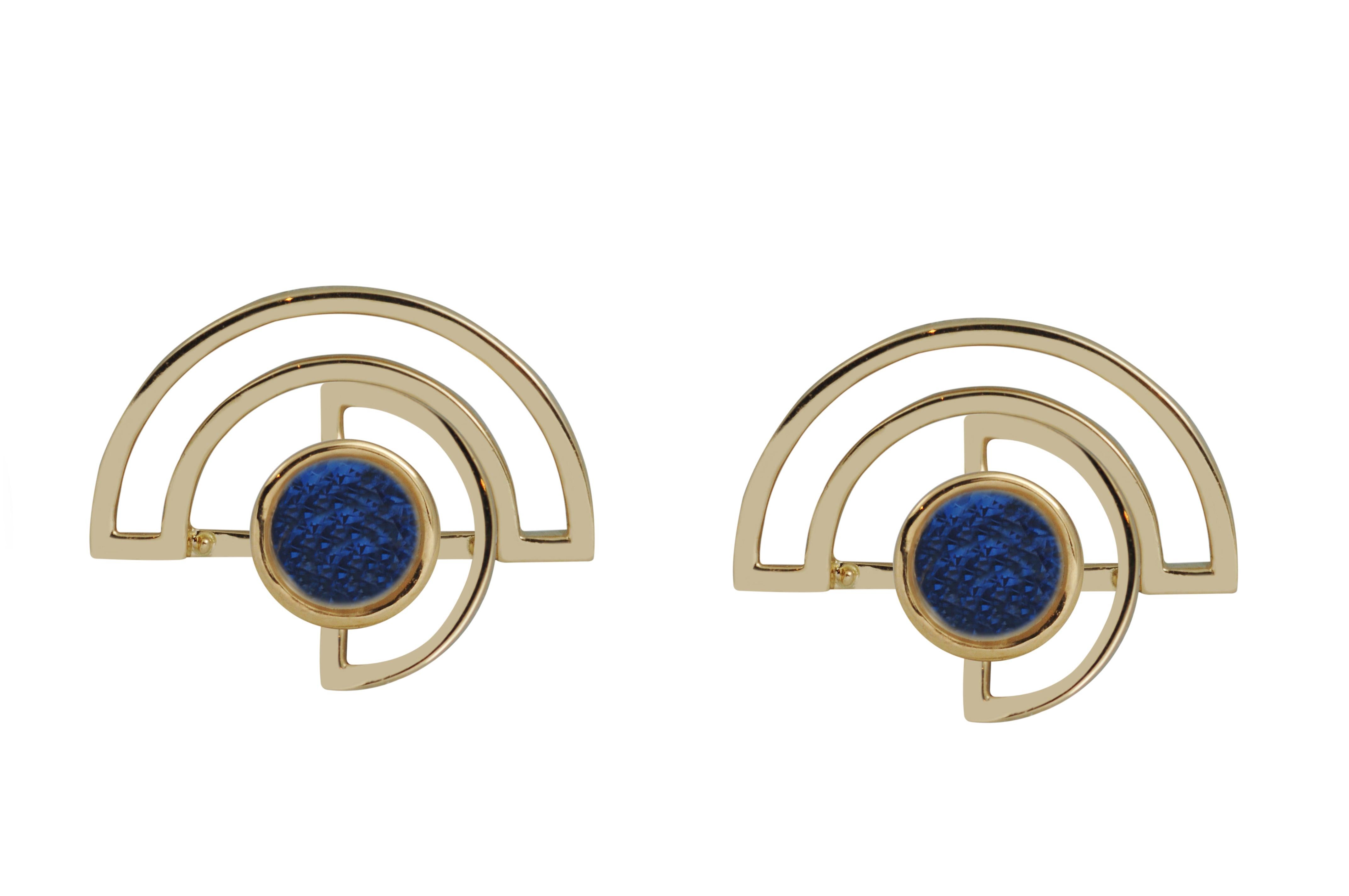 Round Cut Blue Sapphire Twist Reflection Jacket Earrings set in 18K Gold Settings For Sale