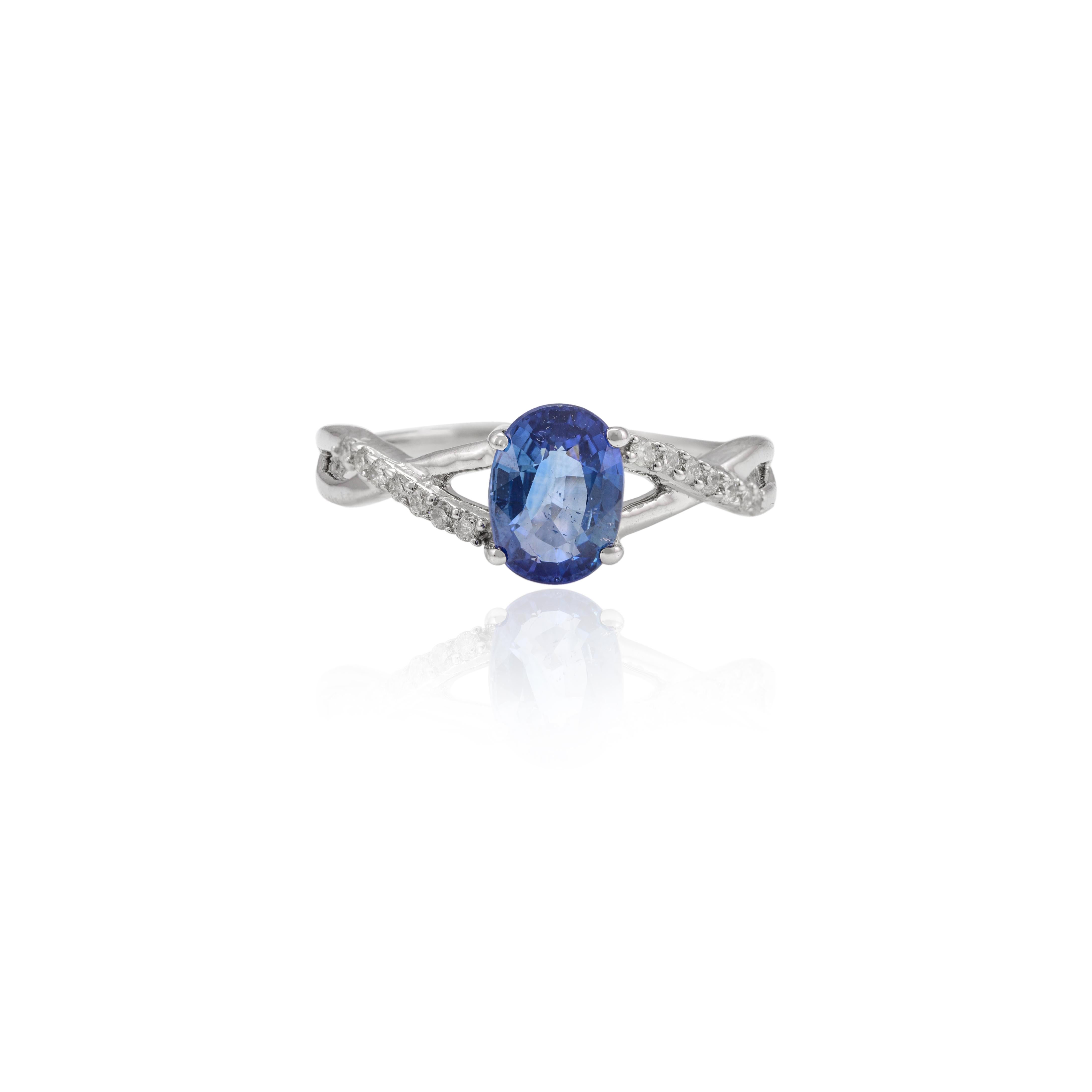 For Sale:  Blue Sapphire and Diamond Wavy Engagement Ring 14k Solid White Gold 5