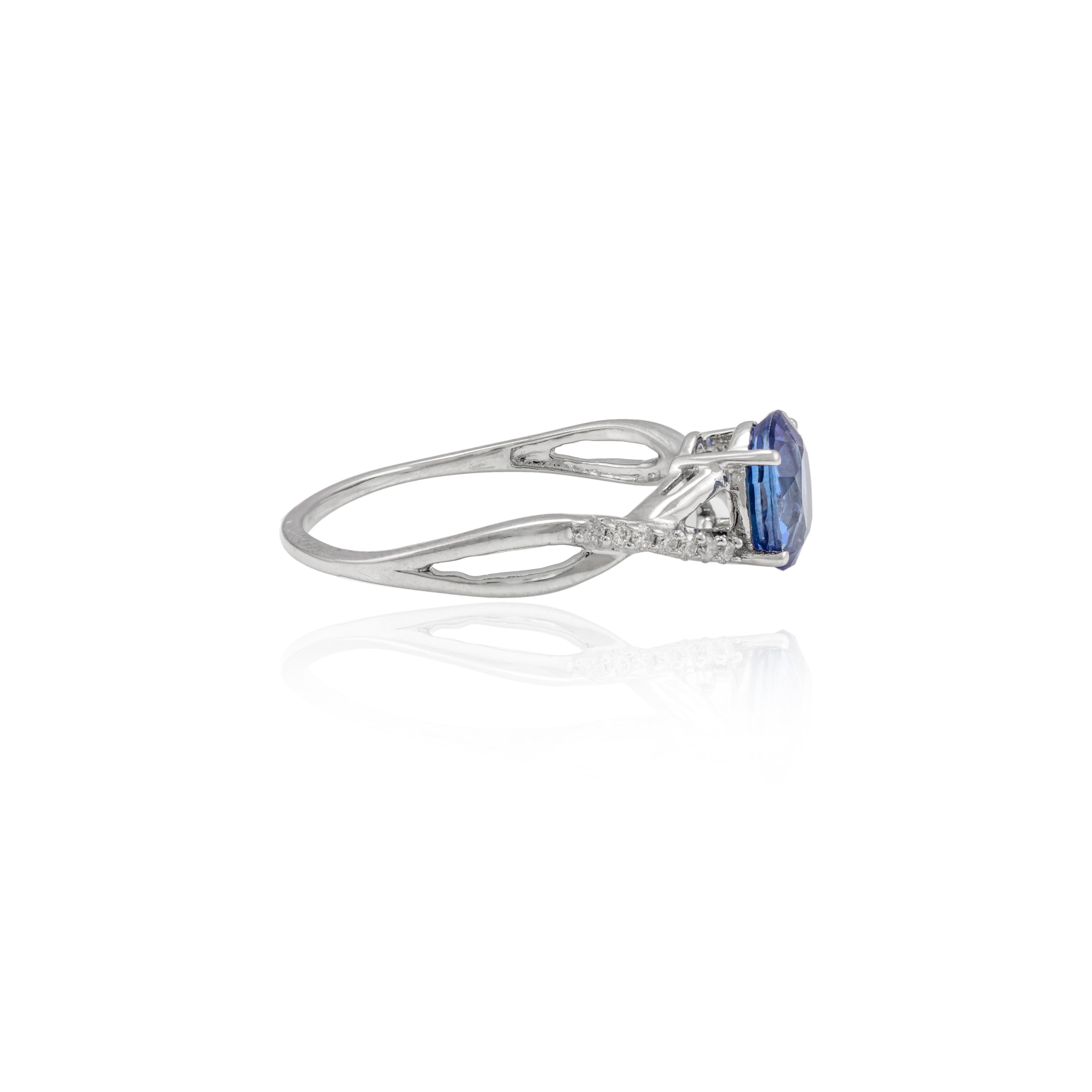 For Sale:  Blue Sapphire and Diamond Wavy Engagement Ring 14k Solid White Gold 6