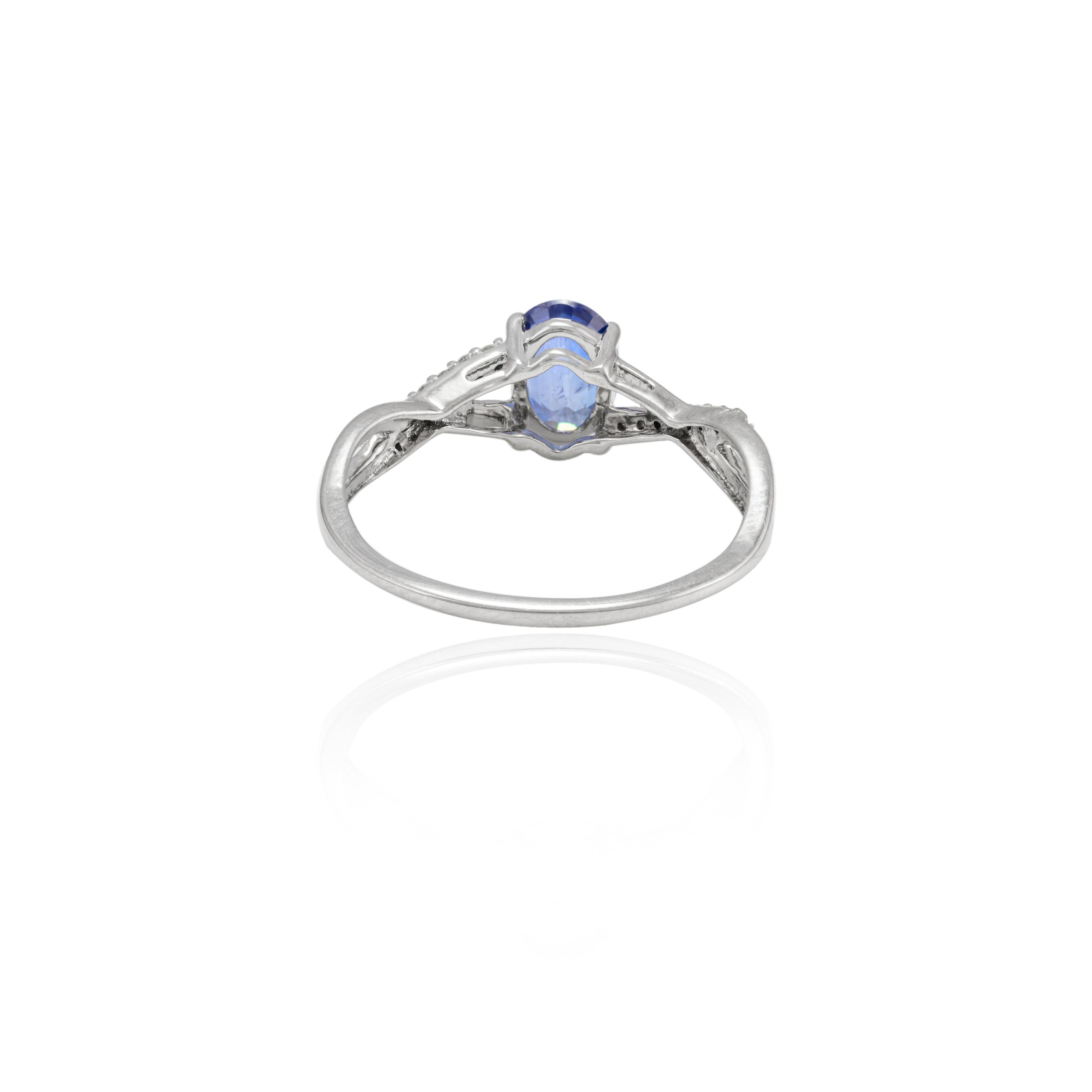 For Sale:  Blue Sapphire and Diamond Wavy Engagement Ring 14k Solid White Gold 7