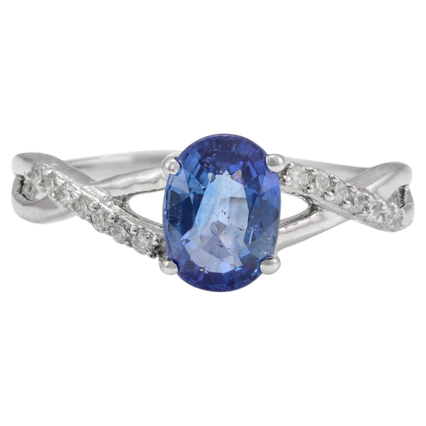 For Sale:  Blue Sapphire and Diamond Wavy Engagement Ring 14k Solid White Gold