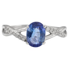 Blue Sapphire and Diamond Wavy Engagement Ring 14k Solid White Gold