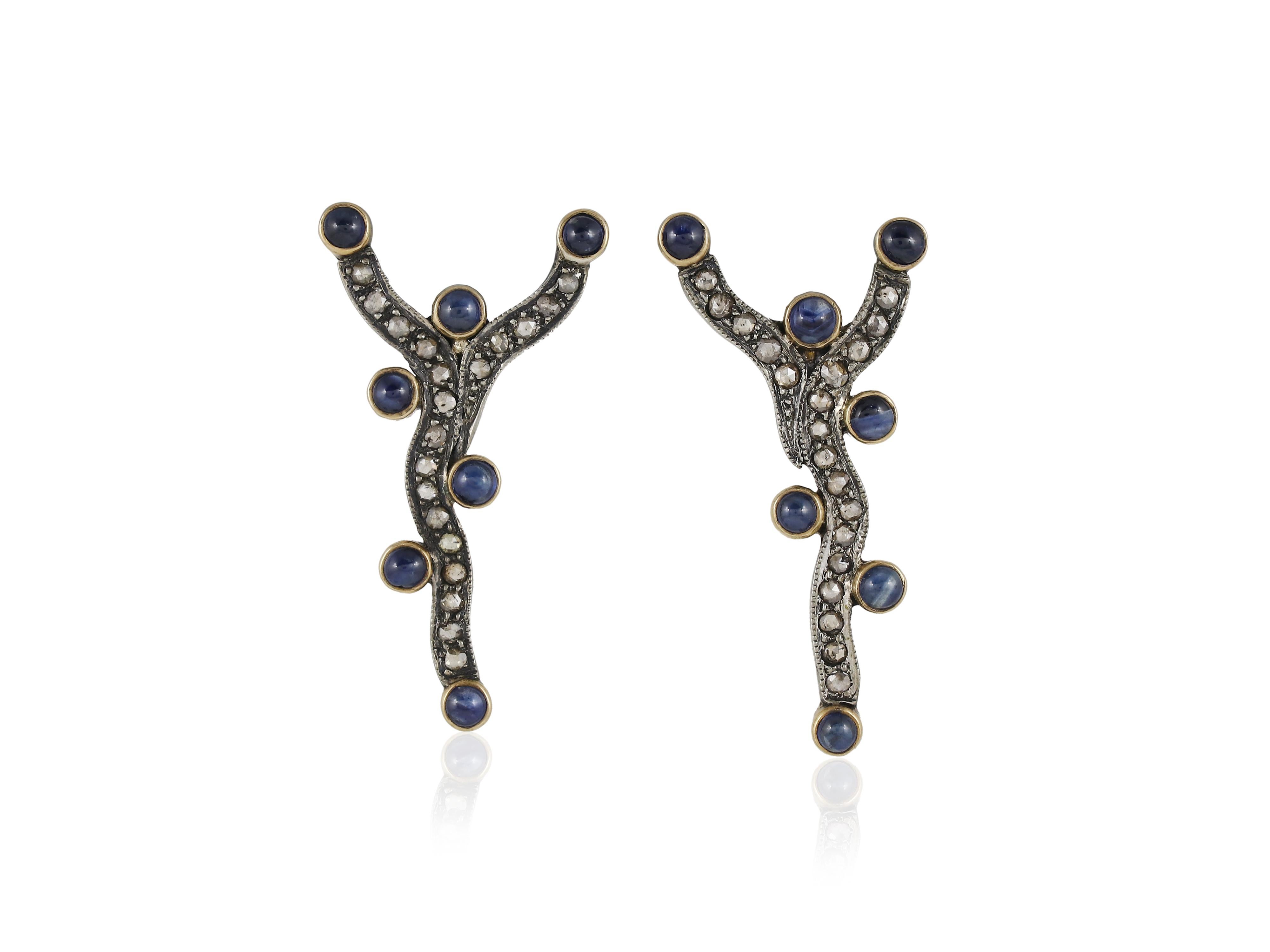 Boucles d'oreilles victoriennes en argent et or ornées de saphirs bleus en vente 1