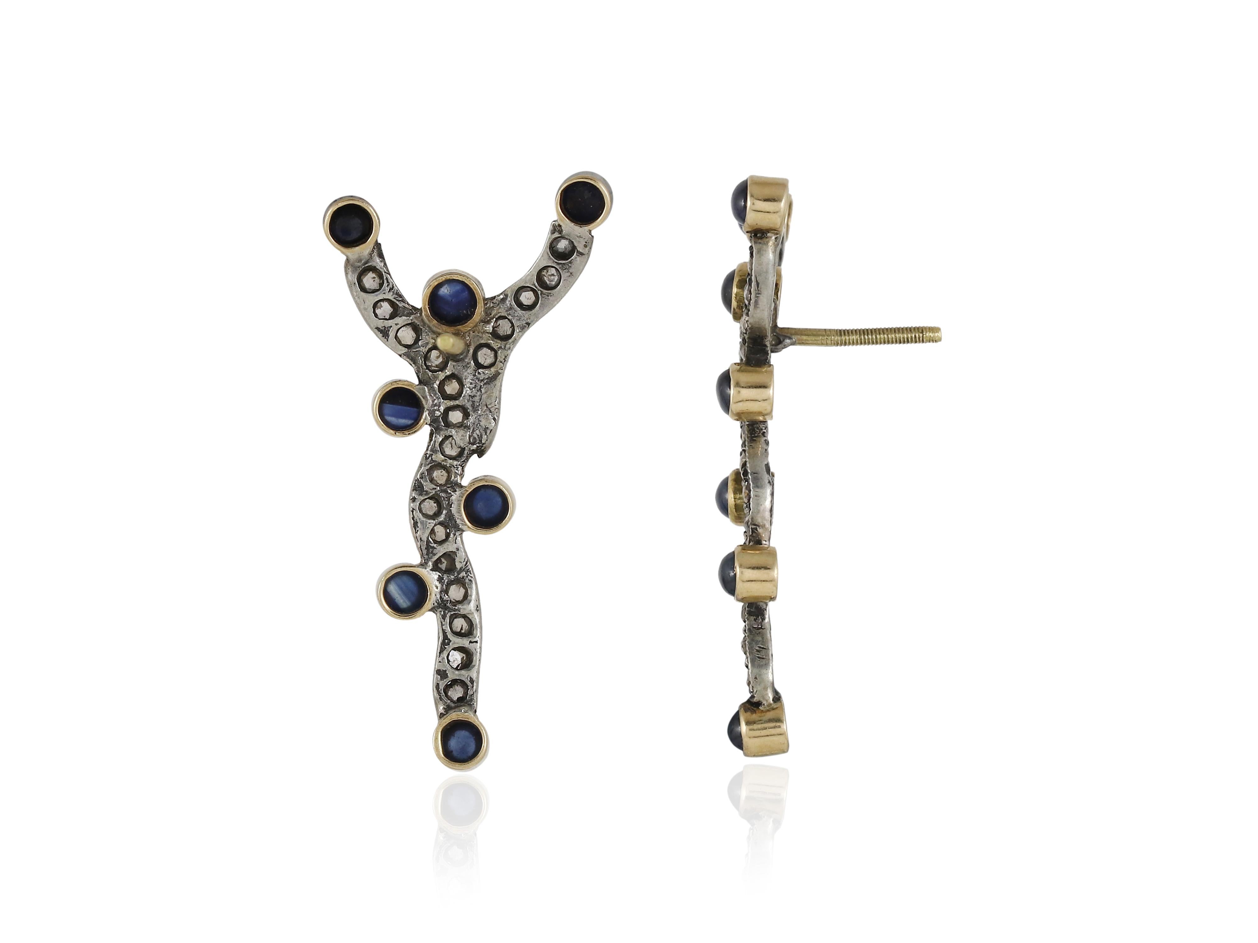 Boucles d'oreilles victoriennes en argent et or ornées de saphirs bleus en vente 2