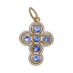 Blue Sapphire Cross 18 Karat two tone Gold made in Italy Cross Pendant