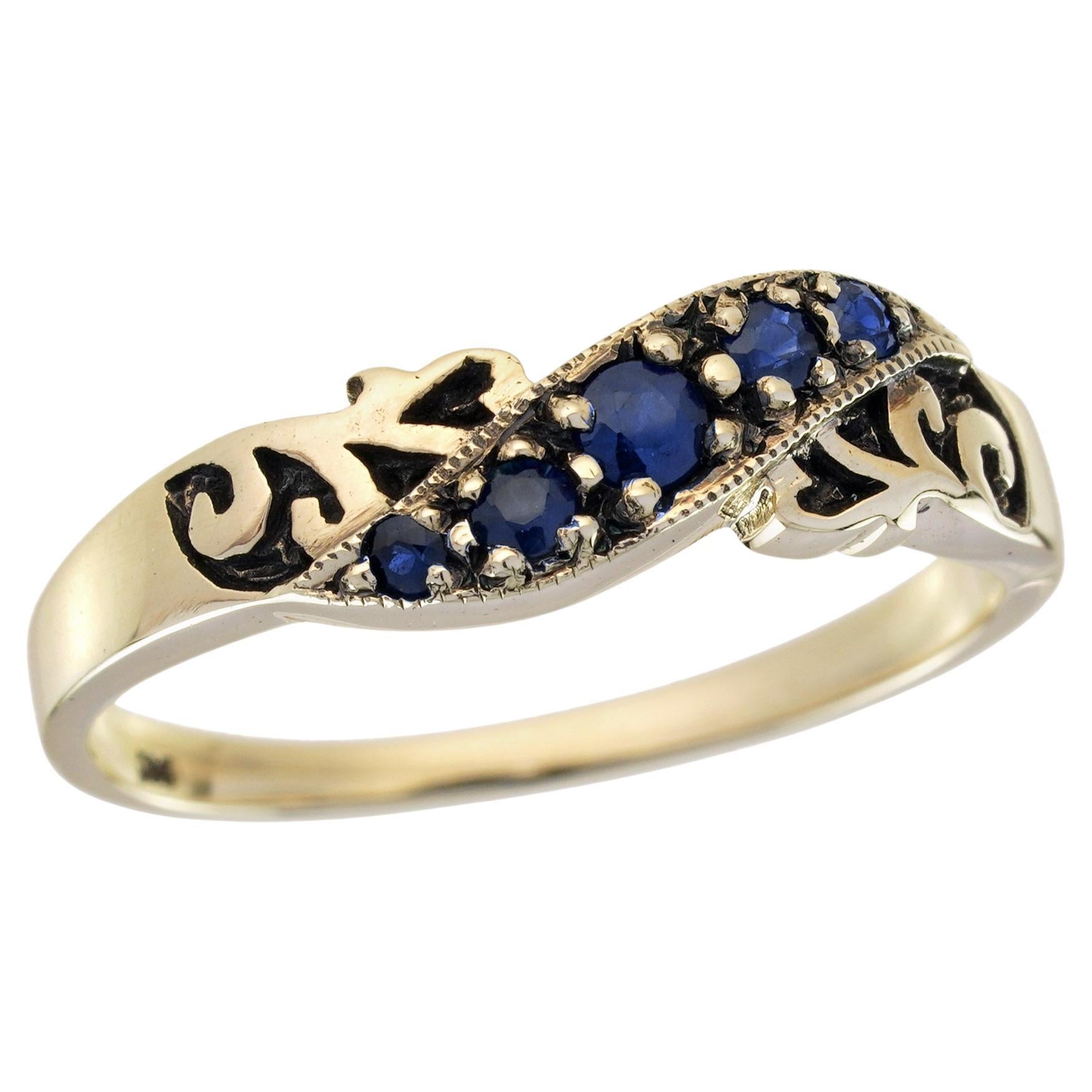 Blue Sapphire Vintage Style Curve Ring in Solid 9K Yellow Gold