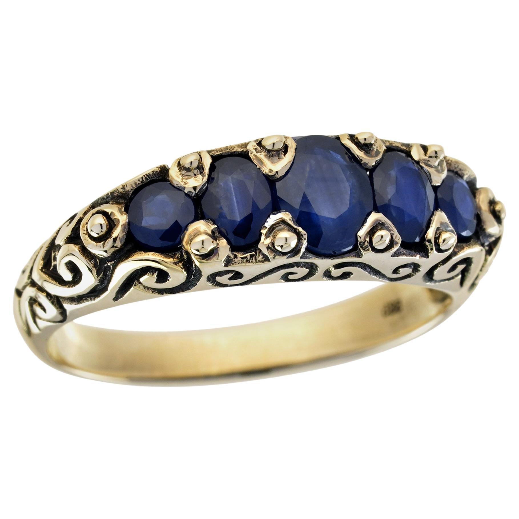 Blue  Sapphire Vintage Style Five Stones  Ring in Solid 9K Yellow Gold