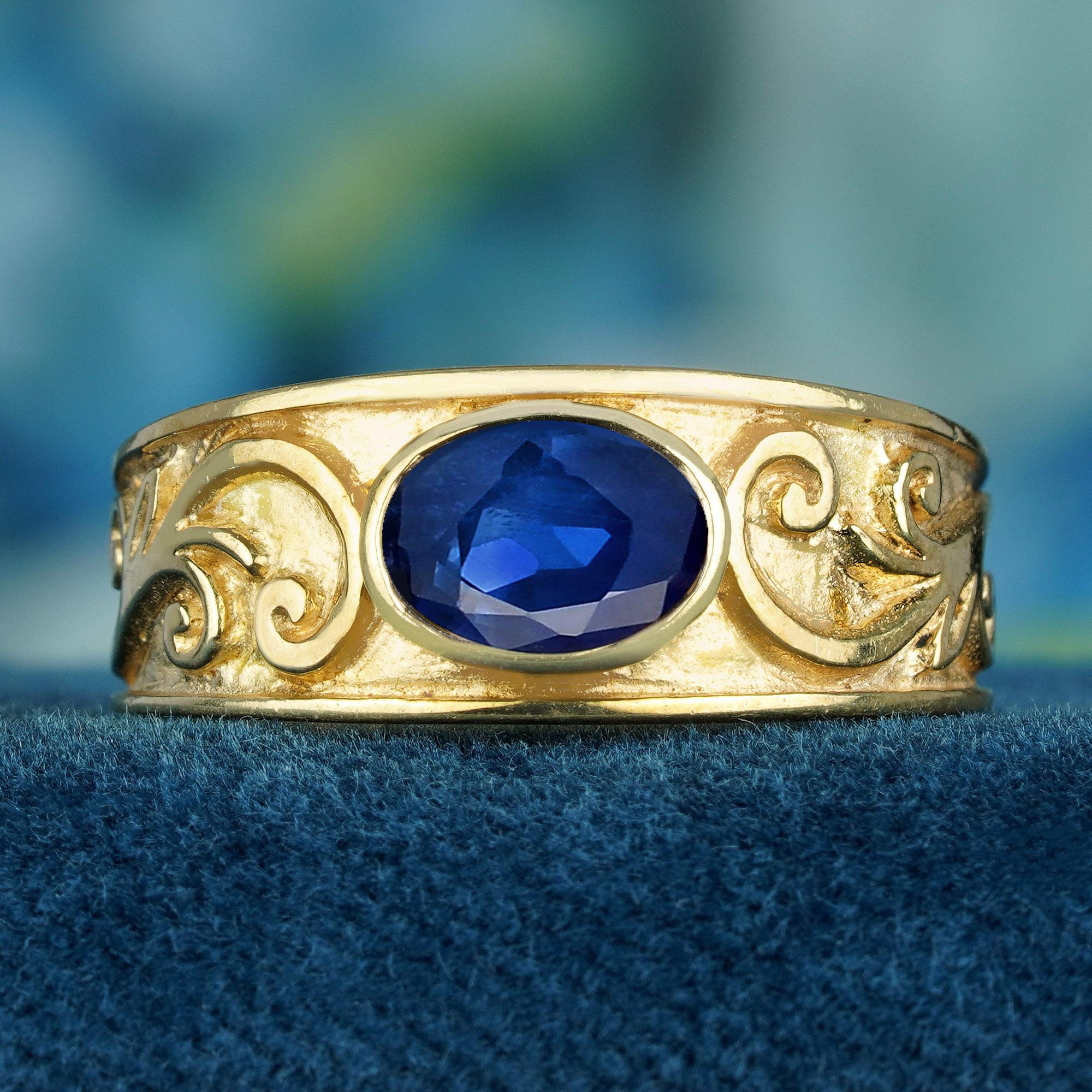 Entrez dans un monde d'enchantement avec notre bague Vintage en saphir bleu naturel, délicatement réalisée en or jaune 9 carats massif. 
Cette pièce captivante est conçue pour évoquer la magie d'un conte de fées, avec des détails complexes et