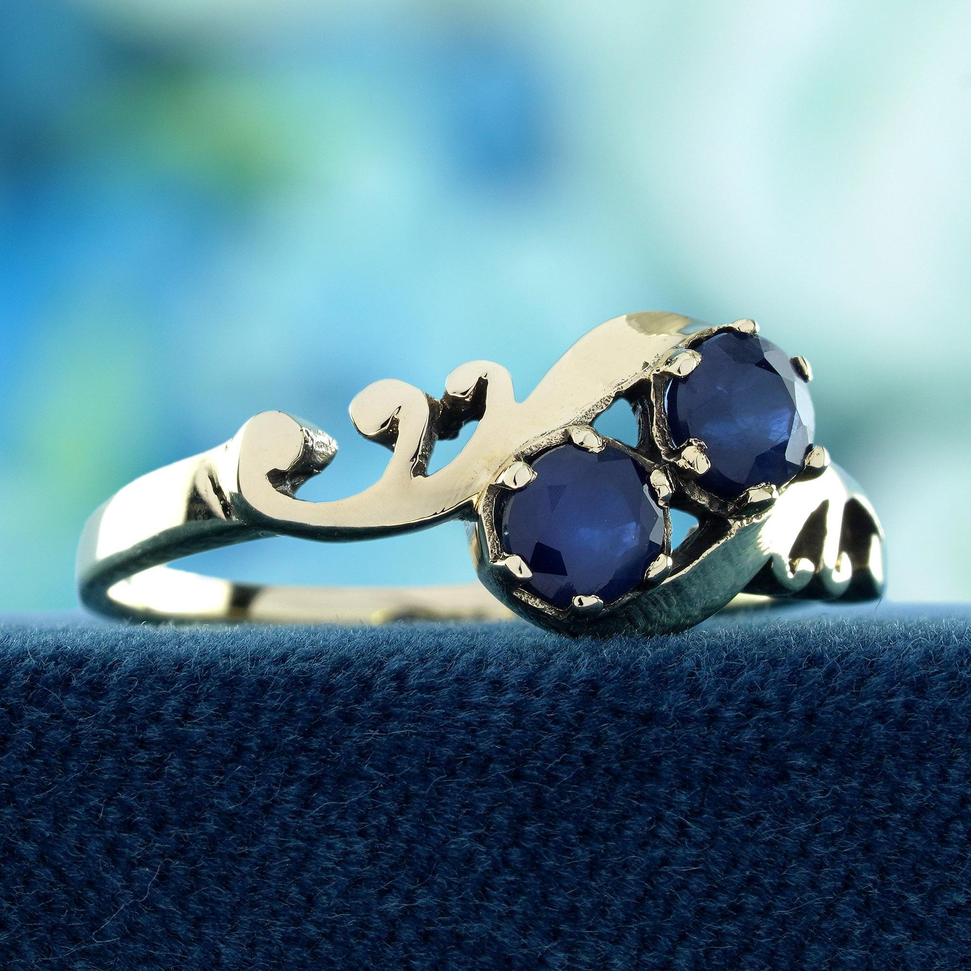 Edwardian Blue Sapphire Vintage Style Two Stone Ring in Solid 14K Yellow Gold For Sale