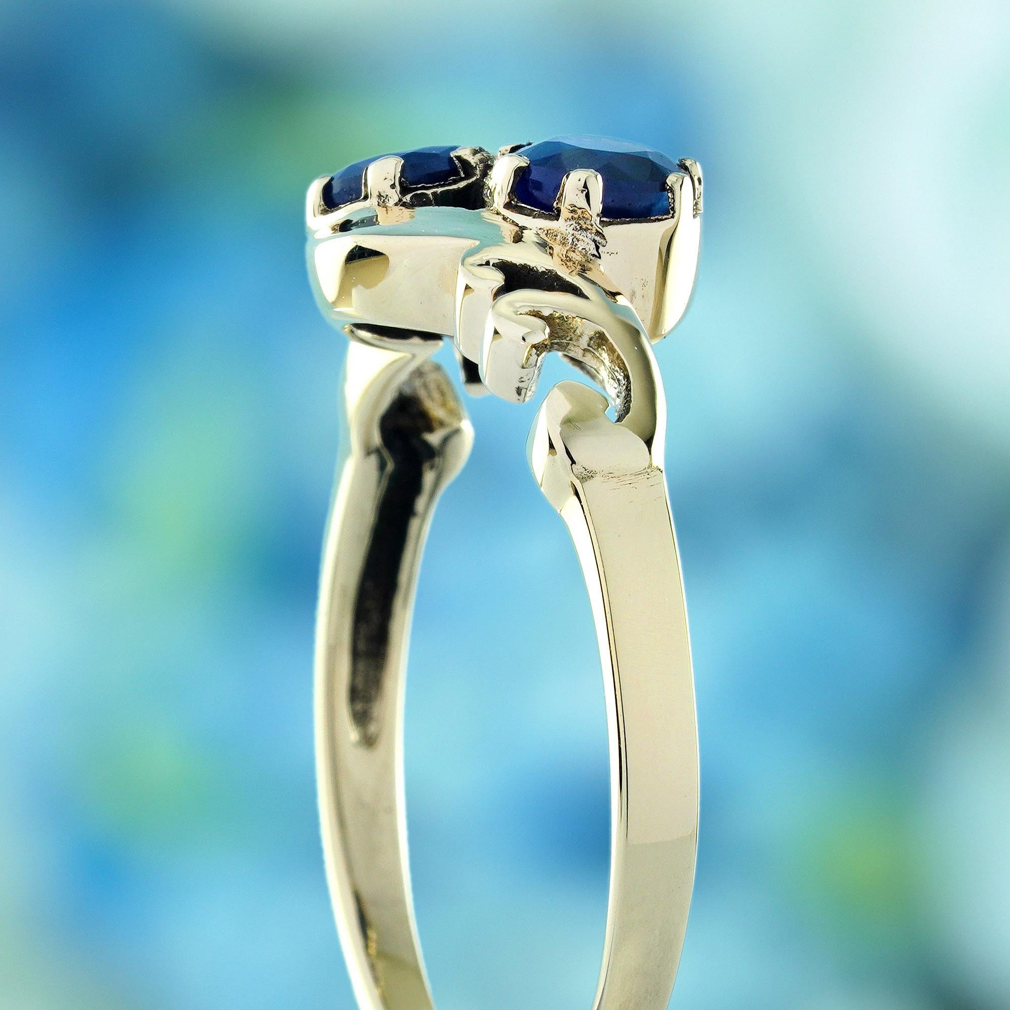 Women's Blue Sapphire Vintage Style Two Stone Ring in Solid 14K Yellow Gold For Sale