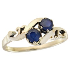 Blue Sapphire Vintage Style Two Stone Ring in Solid 14K Yellow Gold