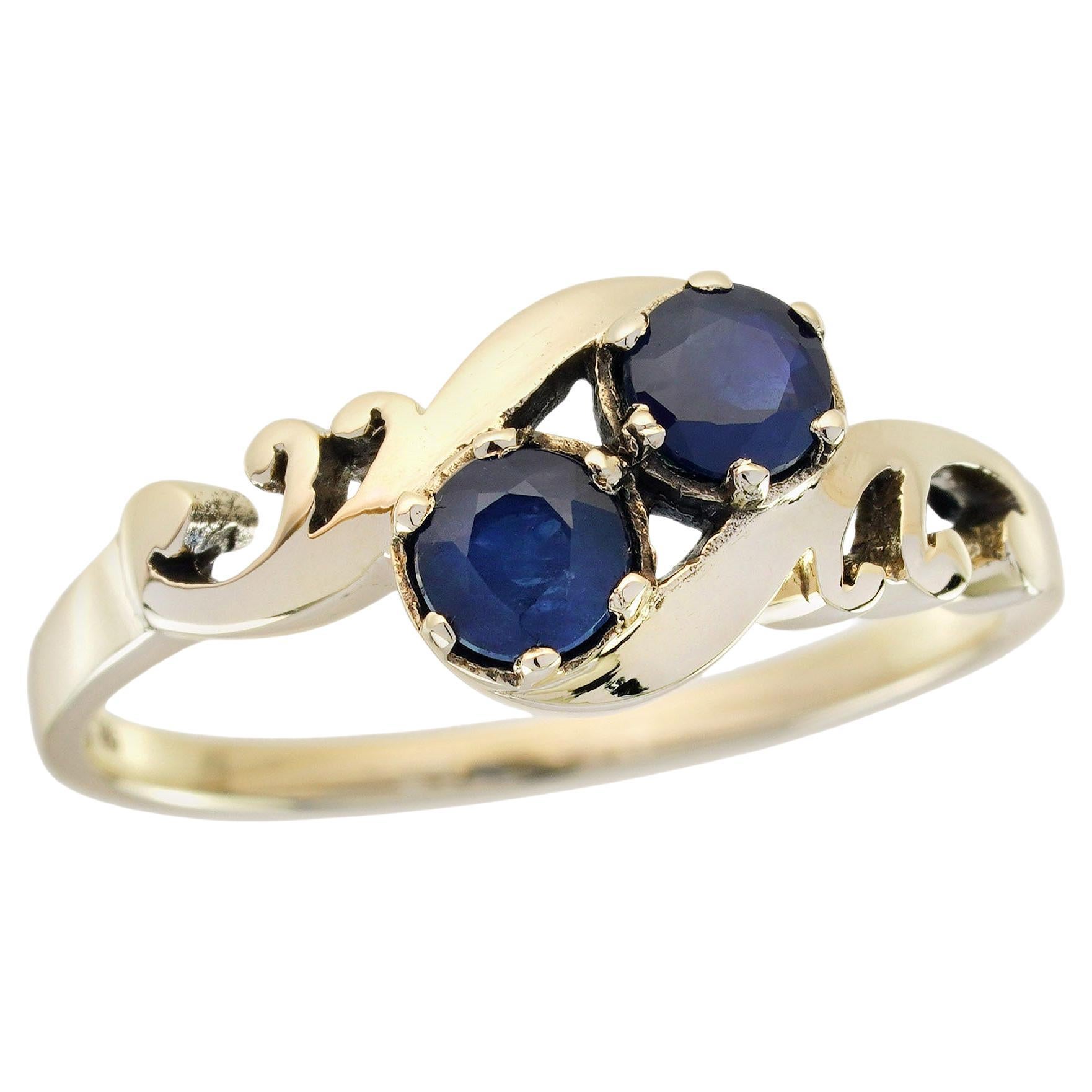 Blue Sapphire Vintage Style Two Stone Ring in Solid 14K Yellow Gold For Sale