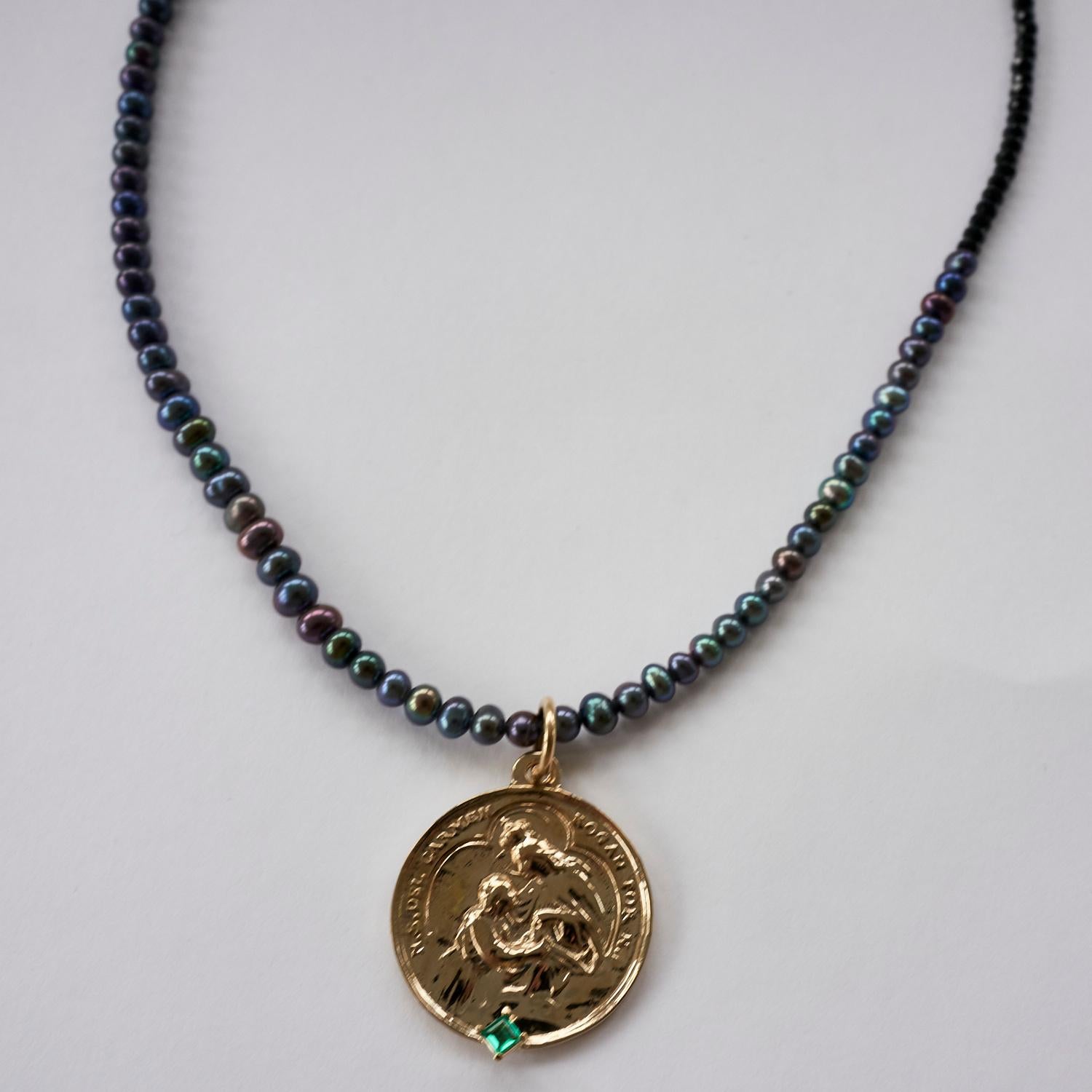 Contemporary Sapphire Black Pearl Spanish Virgin del Carmen Medal Chain Necklace J Dauphin For Sale