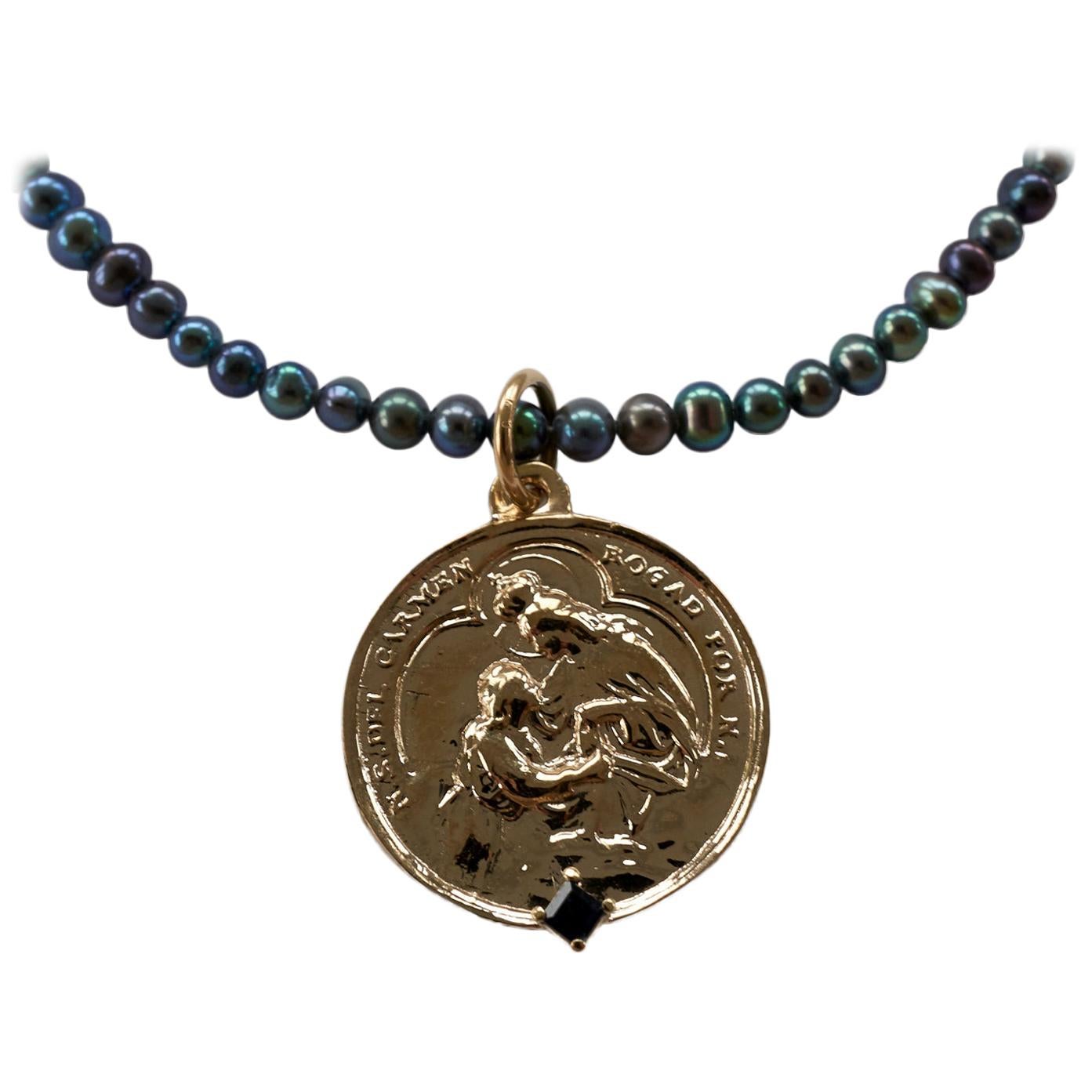 Sapphire Black Pearl Spanish Virgin del Carmen Medal Chain Necklace J Dauphin For Sale
