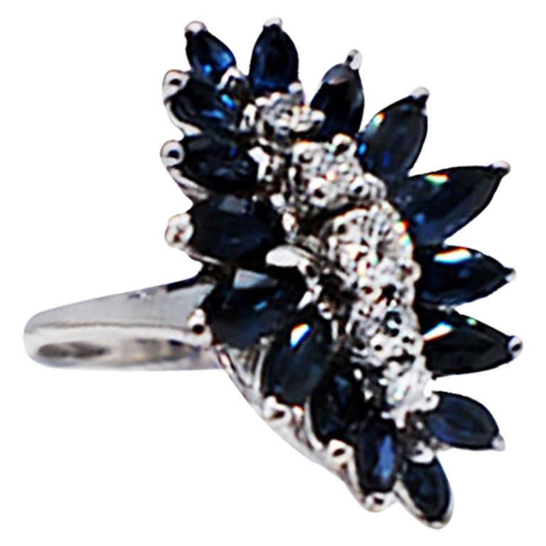 Blue Sapphire Waterfall and Diamond Cluster Ring, 14 Karat White Gold 1.80 Carat