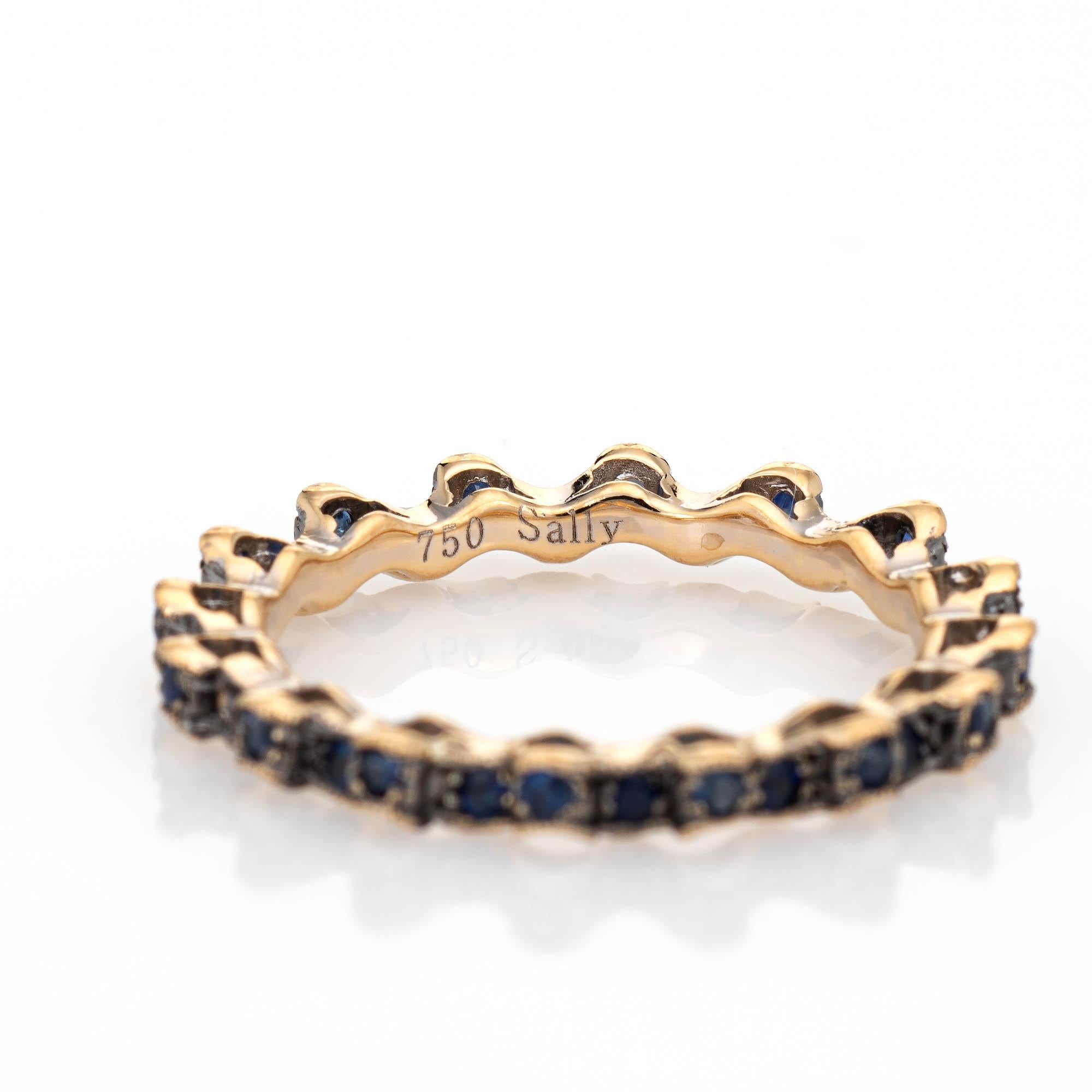 Round Cut Blue Sapphire Wavy Eternity Ring 18k Yellow Gold Undulating Band Stacker