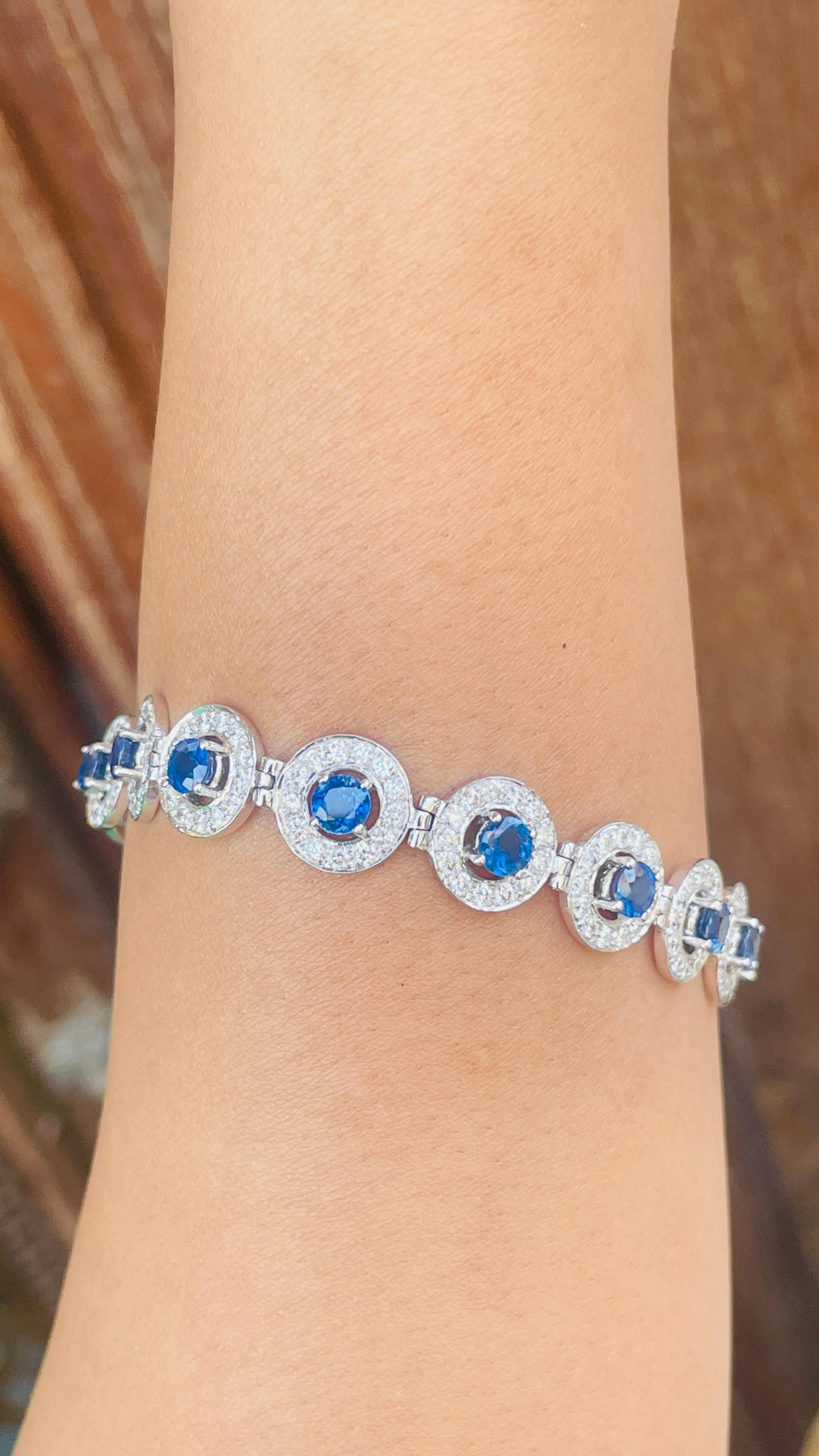Blue Sapphire Wedding Bracelet with Halo Diamonds in 18K White Gold  For Sale 2