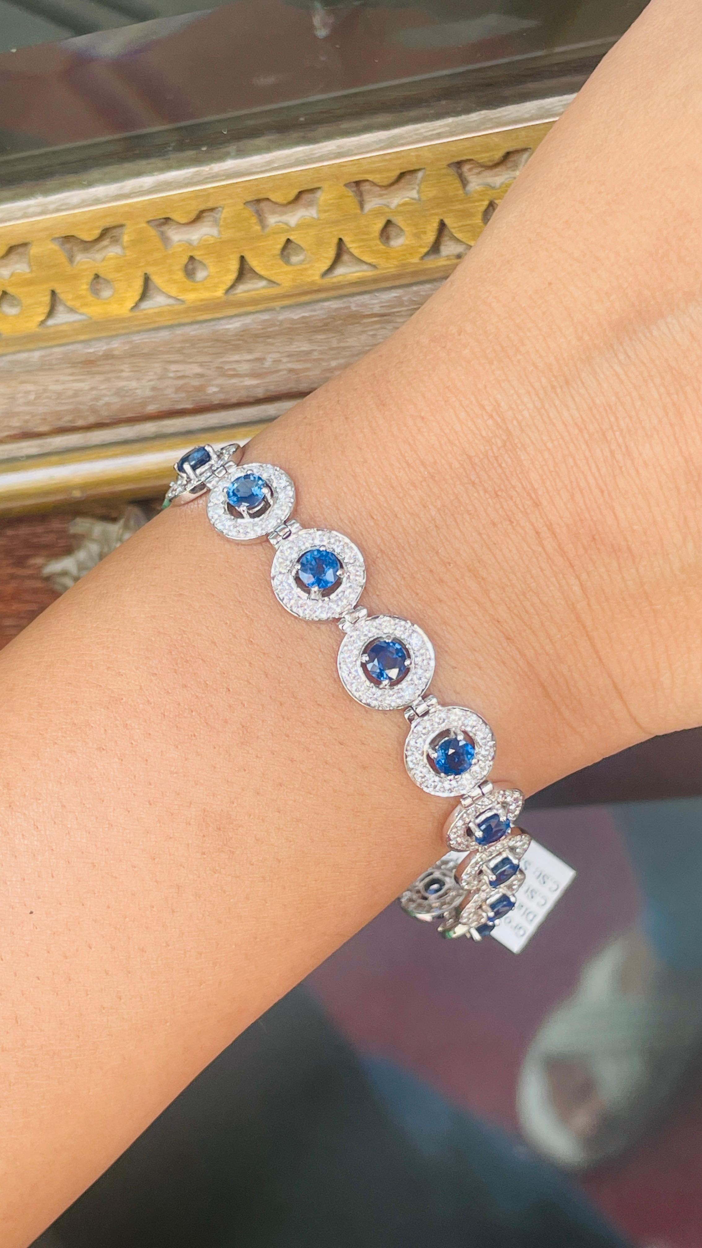 Blue Sapphire Wedding Bracelet with Halo Diamonds in 18K White Gold  For Sale 3