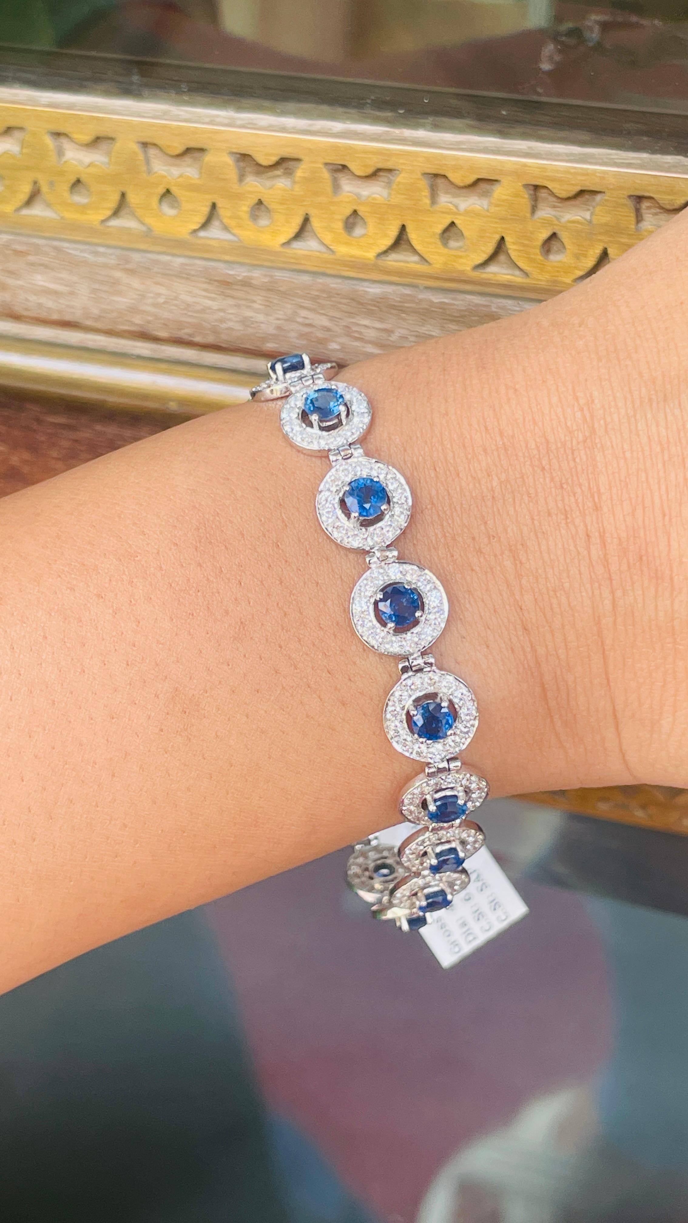 Blue Sapphire Wedding Bracelet with Halo Diamonds in 18K White Gold  For Sale 4