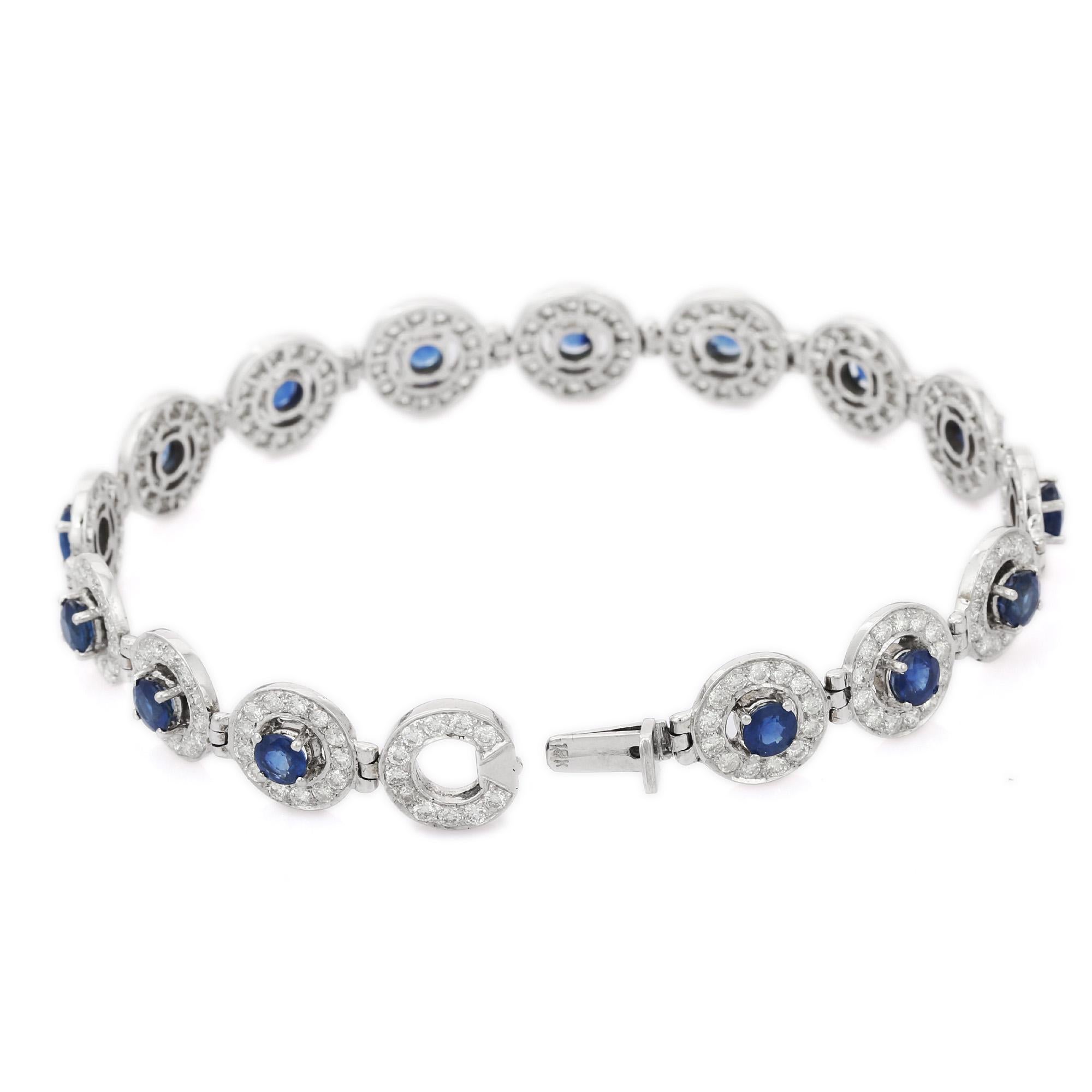 Art Deco Blue Sapphire Wedding Bracelet with Halo Diamonds in 18K White Gold  For Sale