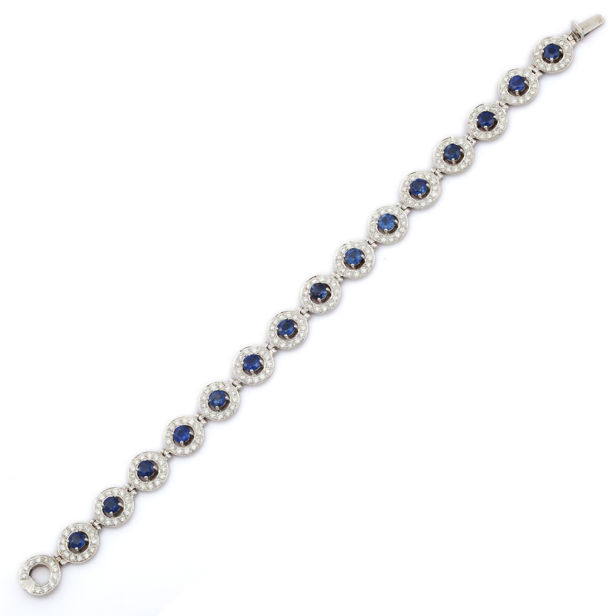 Blue Sapphire Wedding Bracelet with Halo Diamonds in 18K White Gold  In New Condition For Sale In Houston, TX