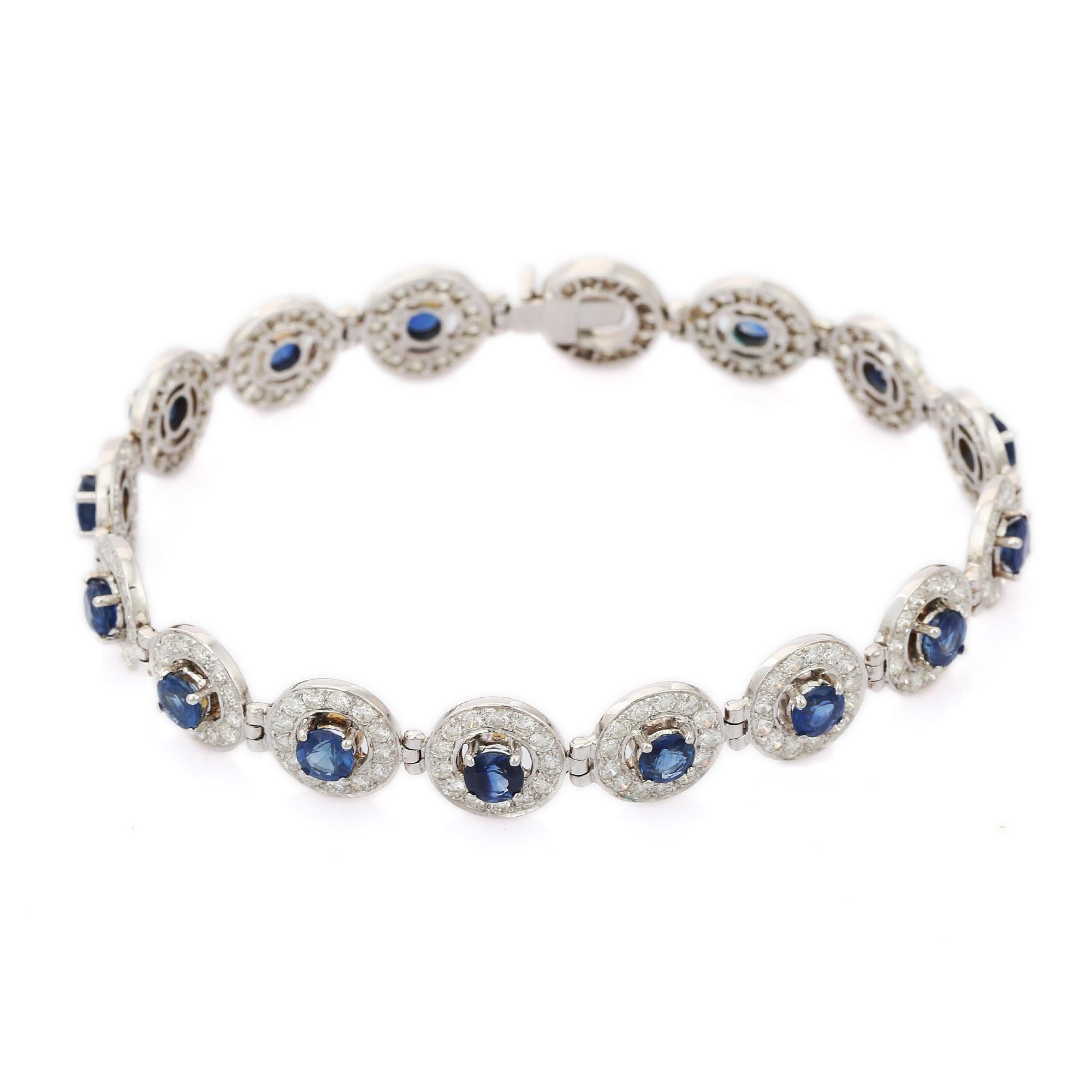 Women's Blue Sapphire Wedding Bracelet with Halo Diamonds in 18K White Gold  For Sale