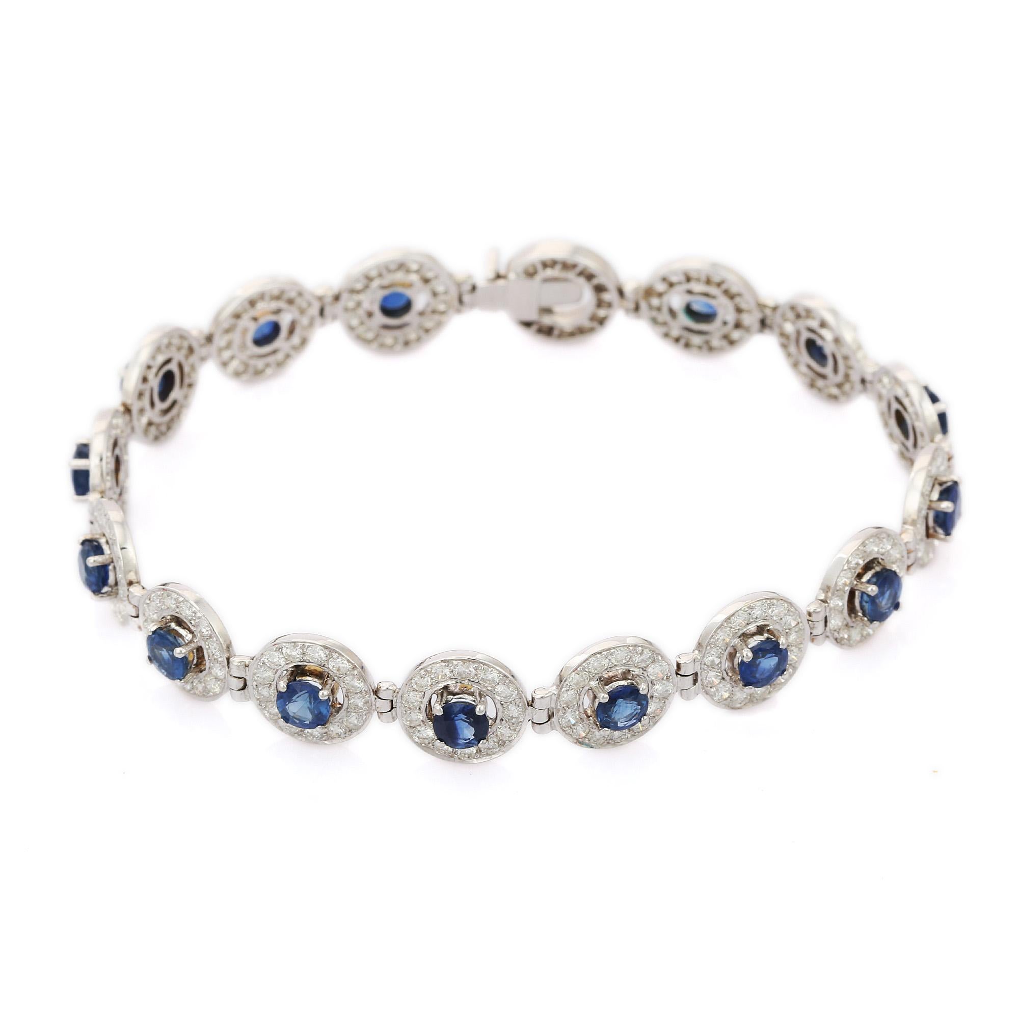 Women's Blue Sapphire Wedding Bracelet with Halo Diamonds in 18K White Gold For Sale