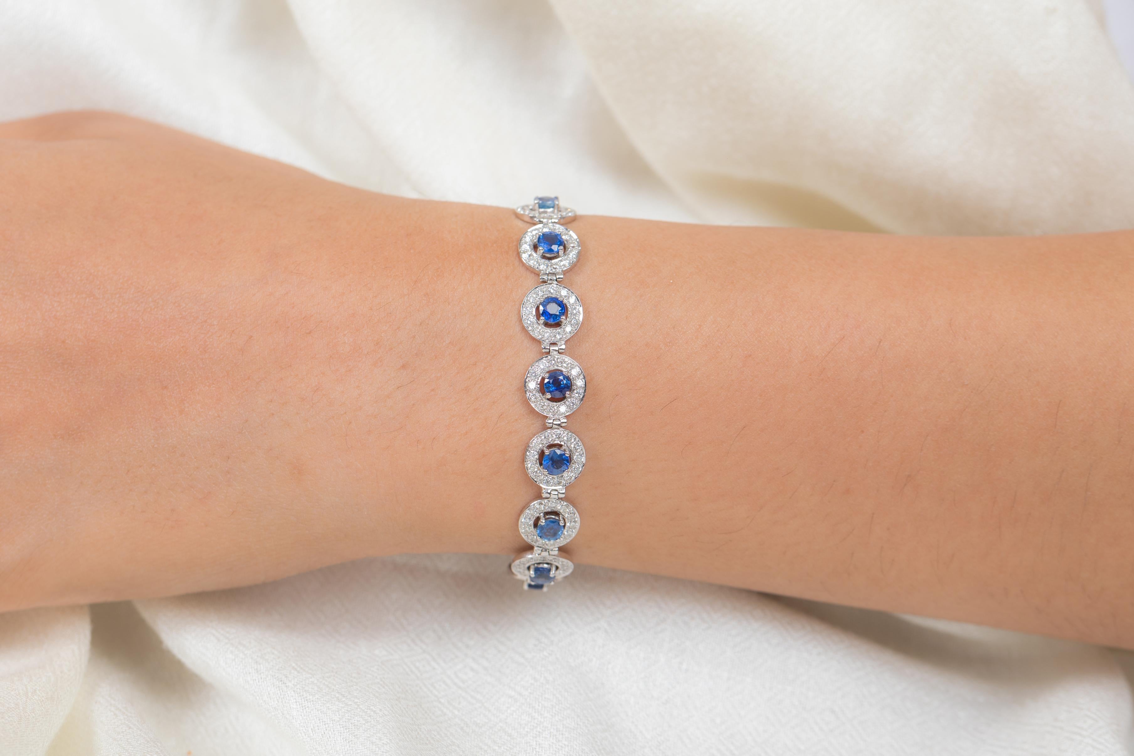 Round Cut Blue Sapphire Wedding Bracelet with Halo Diamonds in 18K White Gold  For Sale