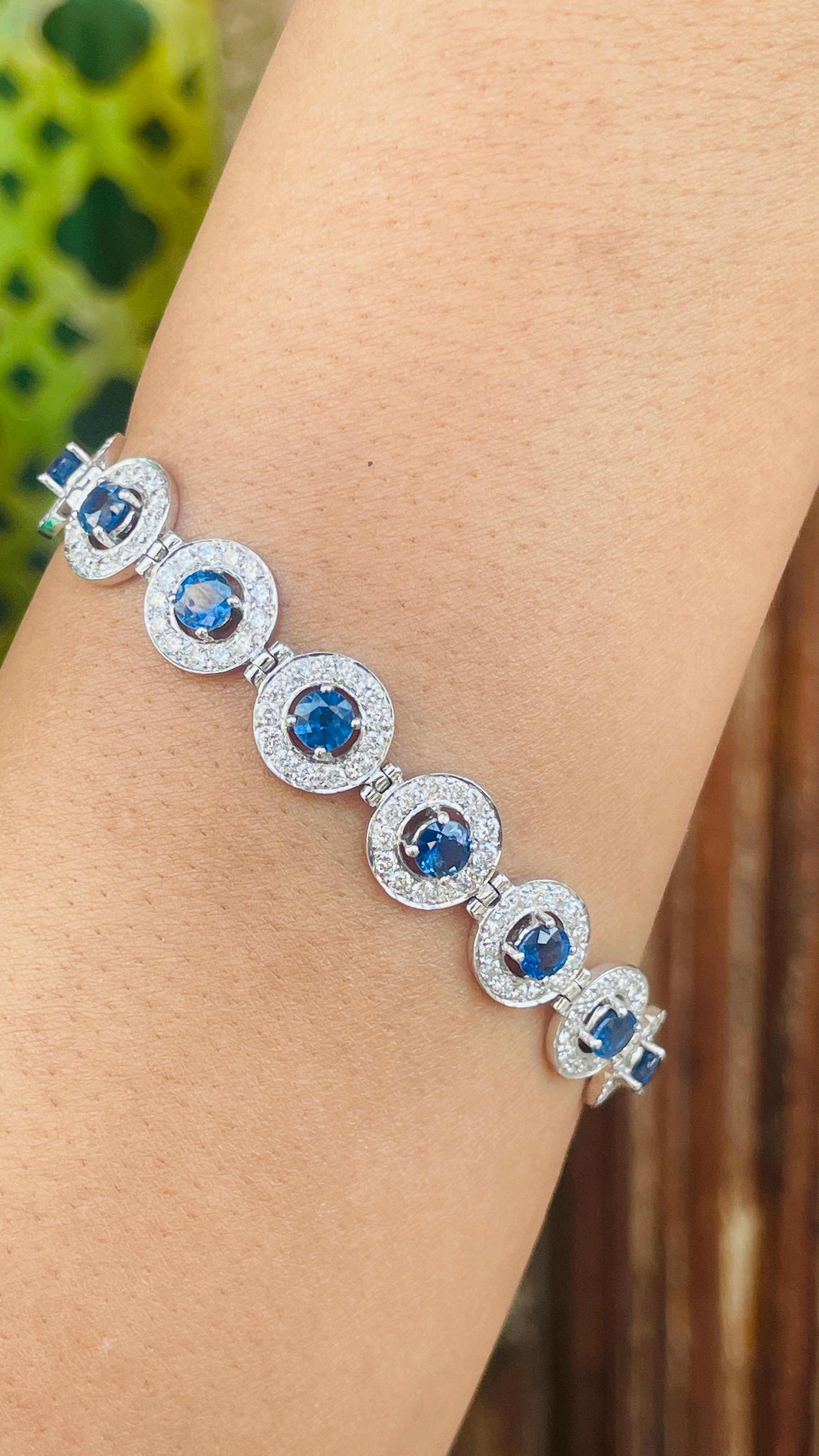 Blue Sapphire Wedding Bracelet with Halo Diamonds in 18K White Gold  For Sale 1