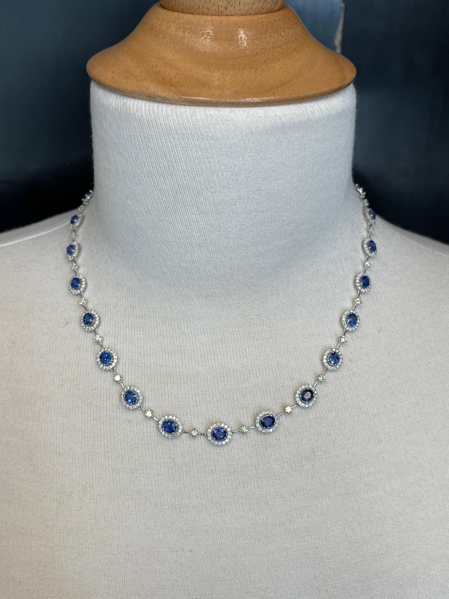 Blue Sapphire, White and Lemon Yellow Diamond Riviera Necklace in 18k White Gold For Sale 4