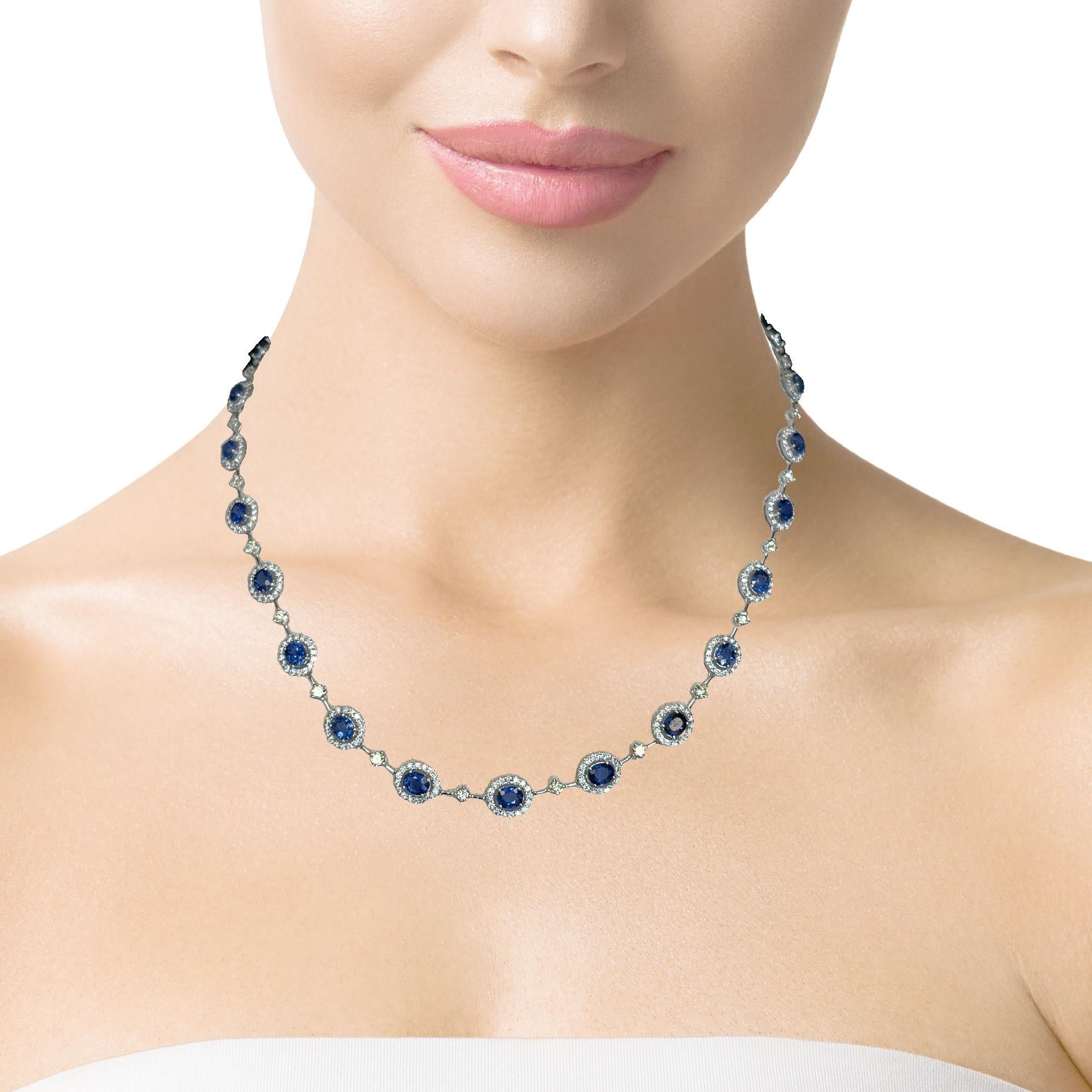 Blue Sapphire, White and Lemon Yellow Diamond Riviera Necklace in 18k White Gold For Sale 6