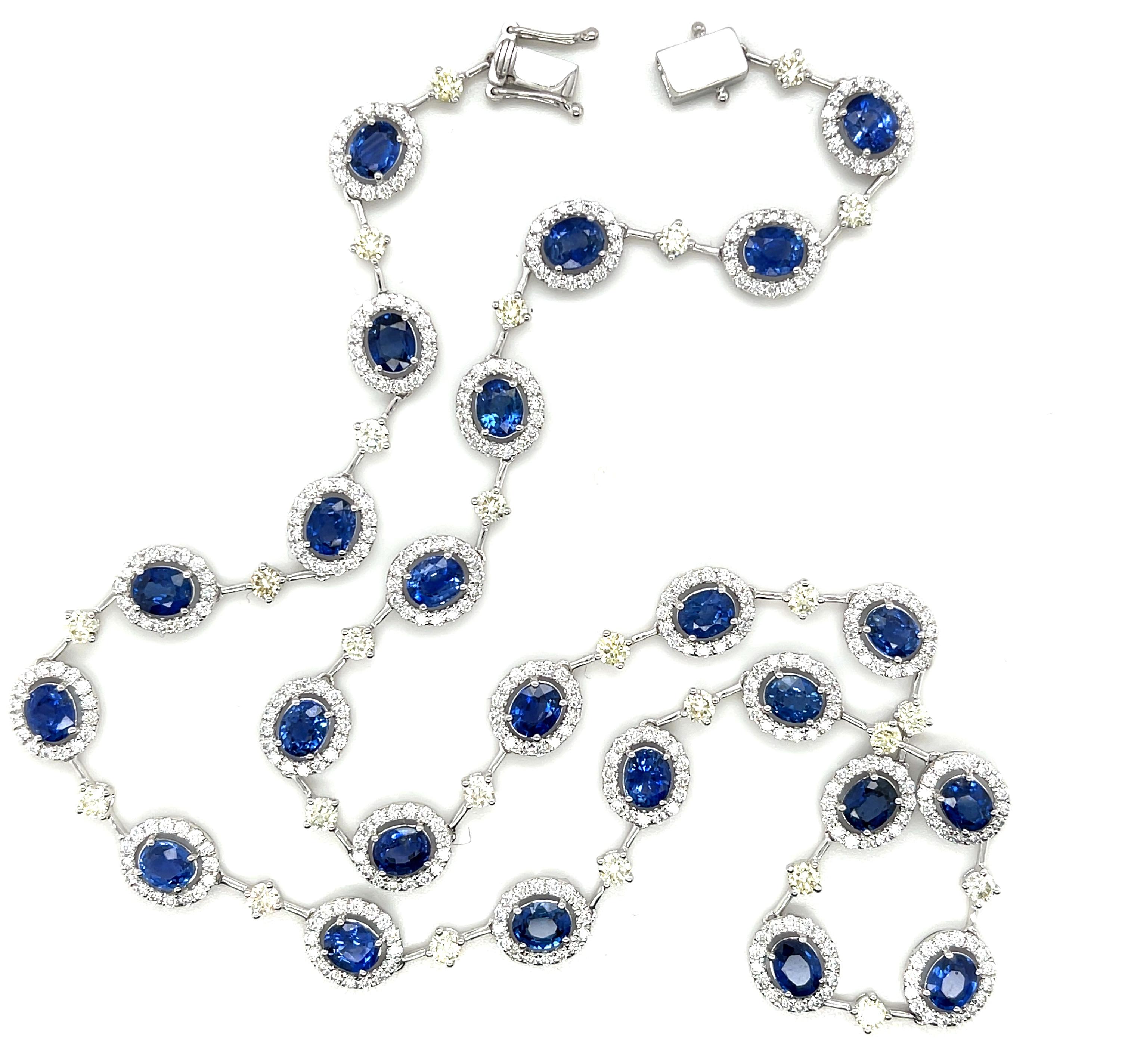 Artisan Blue Sapphire, White and Lemon Yellow Diamond Riviera Necklace in 18k White Gold For Sale