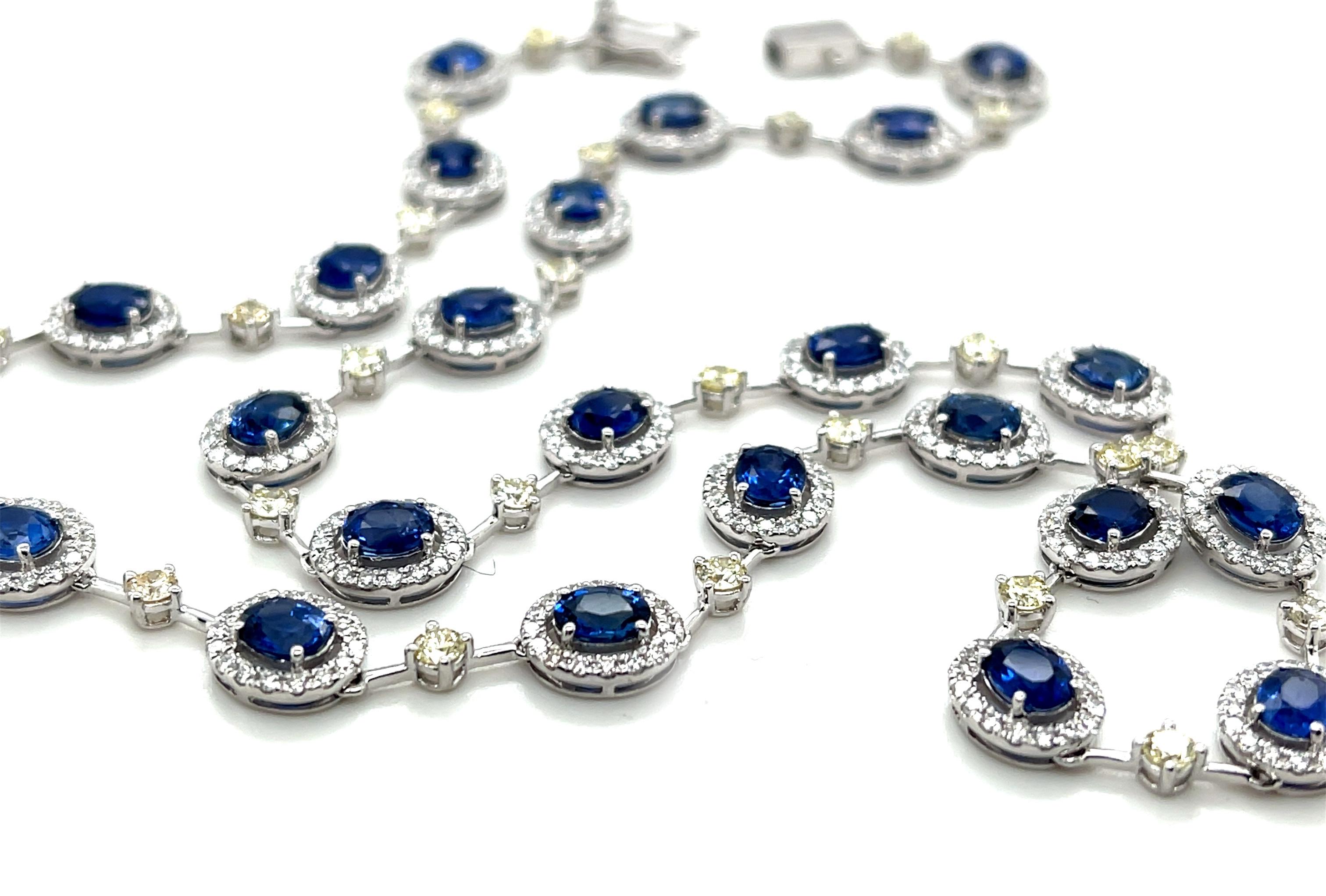 Oval Cut Blue Sapphire, White and Lemon Yellow Diamond Riviera Necklace in 18k White Gold For Sale