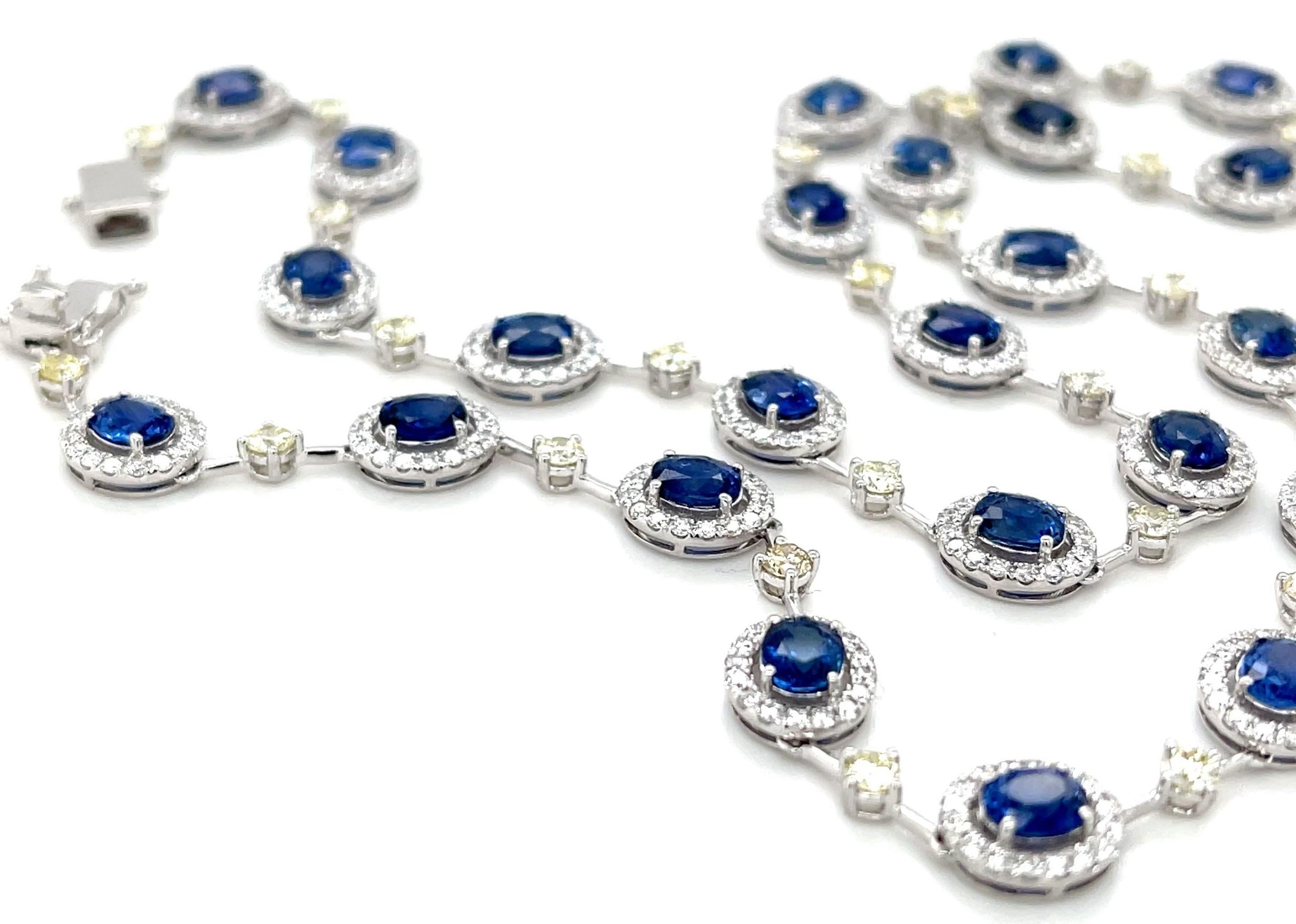 Blue Sapphire, White and Lemon Yellow Diamond Riviera Necklace in 18k White Gold In New Condition For Sale In Los Angeles, CA